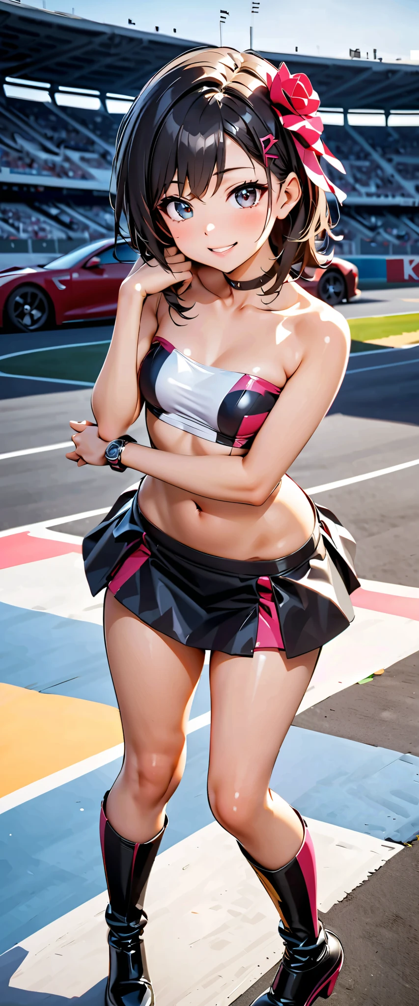 top quality, ultra high definition, One person, small breasts, black choker, smile, exposes shoulders, focus only , watch viewers,Fair skin,Car racing track,photon mapping, physically-based rendering, RAW photos , very detailed background, K-pop Idol ,is written in depth,hair ornament,detailed face, glowing skin, game cg,full body, Shiny Micro Tight Mini Skirt,shiny micro tube top,shiny knee-high long boots,race queen,Sexy Poses,holding a flag,gross lips,Mizuki