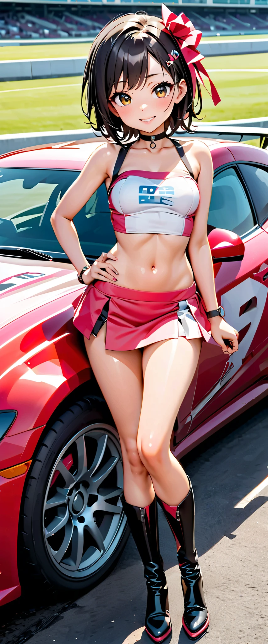 top quality, ultra high definition,  One person,  small breasts, black choker, smile,  exposes shoulders,  focus only , watch viewers,Fair skin,Car racing track,photon mapping, physically-based rendering,  RAW photos , very detailed background, K-pop Idol ,is written in depth,hair ornament,detailed face, glowing skin, game cg,full body, Shiny Micro Tight Mini Skirt,shiny micro tube top,shiny knee-high long boots,race queen,Sexy Poses,holding a flag,gross lips,Mizuki