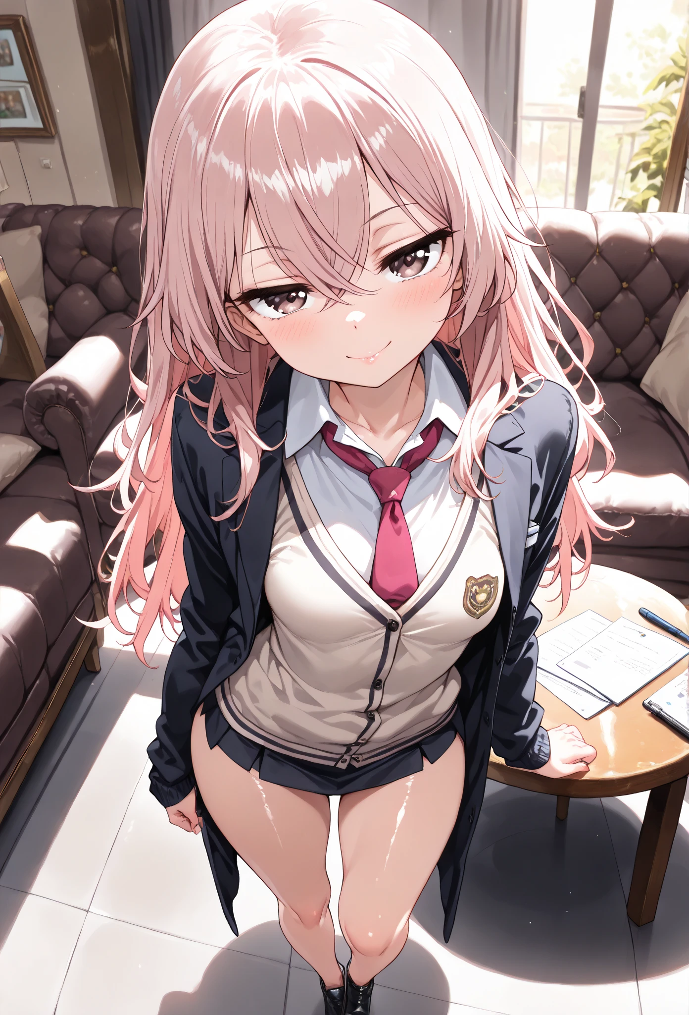 absurderes:1.8, ((beautiful clear eyes, sitting, bedroom, from below:1.4, spread legs)), ((school uniform, blazer, skirt、Thighhighss, showing panties, panties emphasis:1.6, embroidery panties:1.4,))、(1woman), Unity 8K Wallpaper, Masterpiece, detailed hair, highly detailed, , (seductive smile:1.3), (blush:1.3)
