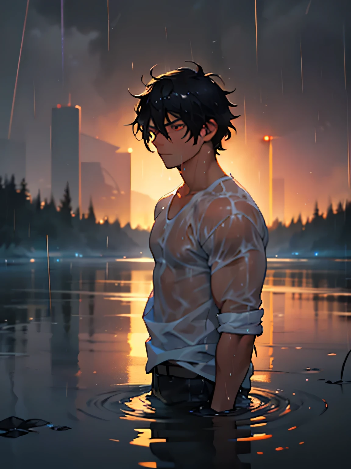 black hair, short hair, pointy hair, glowing eyes, unconscious, anime style, anime, anaglyph, from above, Ultra-Wide Angle, masterpiece, anatomically correct, high details, high quality, best quality, highres, water surface,Male Characters,male focus,man,Wearing a white top, wet clothes ,Standing in the lake, in the dark背景,outdoor background,night,(Dim light:1.3),Wet hair,Drops on skin, directly in front of the camera,water surface没到腰部,dark, in the dark, black,(Rainy Night:1.4),rain,rain