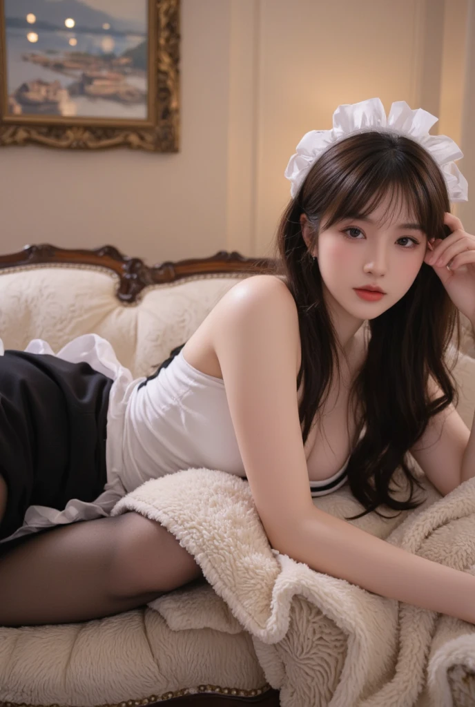 (masterpiece:1.3), (High resolution:1.1), Detailed beautiful face, Detailed beautiful,  there is a woman in a black dress sitting on a bed, gorgeous maid, asian, japanese goddess, 奈良美智, japanese, beautiful asian girl, sophisticated gravure idol, asian girl, sakimichan, elegant seducing pose, japanese model, cute elegant pose, pleasing, けもの, ayami