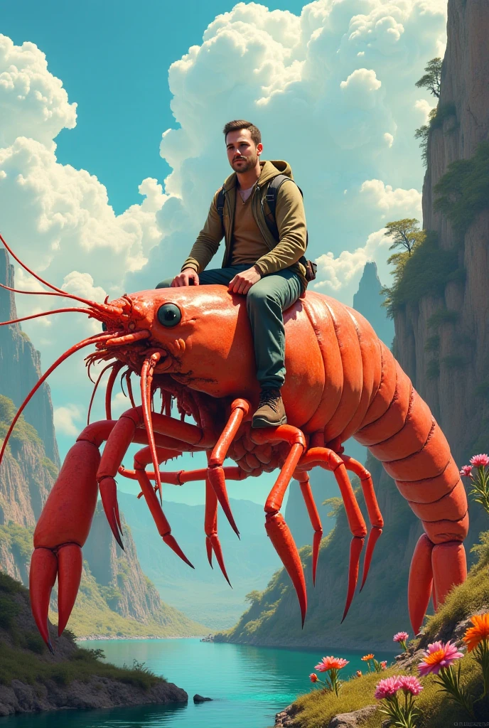 Man sitting on a giant shrimp, on the road