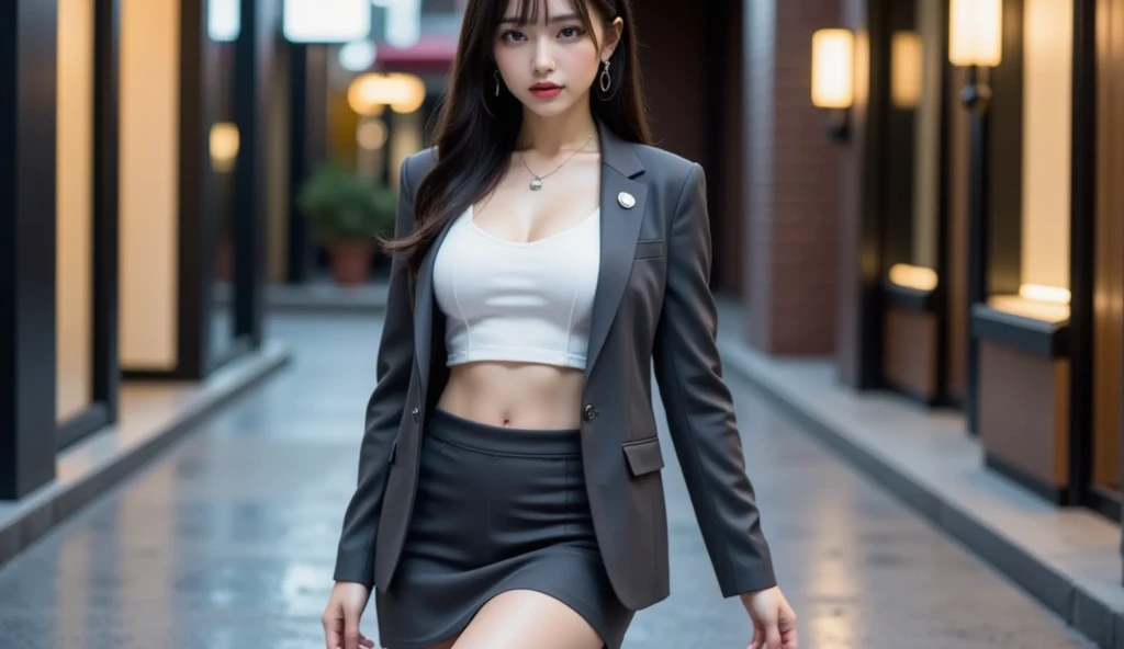 disorganized, RAW photo, very delicate and beautiful, masterpiece, highest quality, ultra high resolution, 16k, surreal, super detailed, perfect anatomy, super dense skin, perfect figure, Highly detailed CG 8k wallpaper, 20's, very slim body, (tight waist:1.2), very small head, very small face, delicate features, tearful mole, mole on chest, earrings, thin legs, (very huge round breasts:1.3), (full body shot:1.2), short middle hair, wavy hair, (suit:1.3), (Jacket:1.1), skirt, barefoot, shirt,