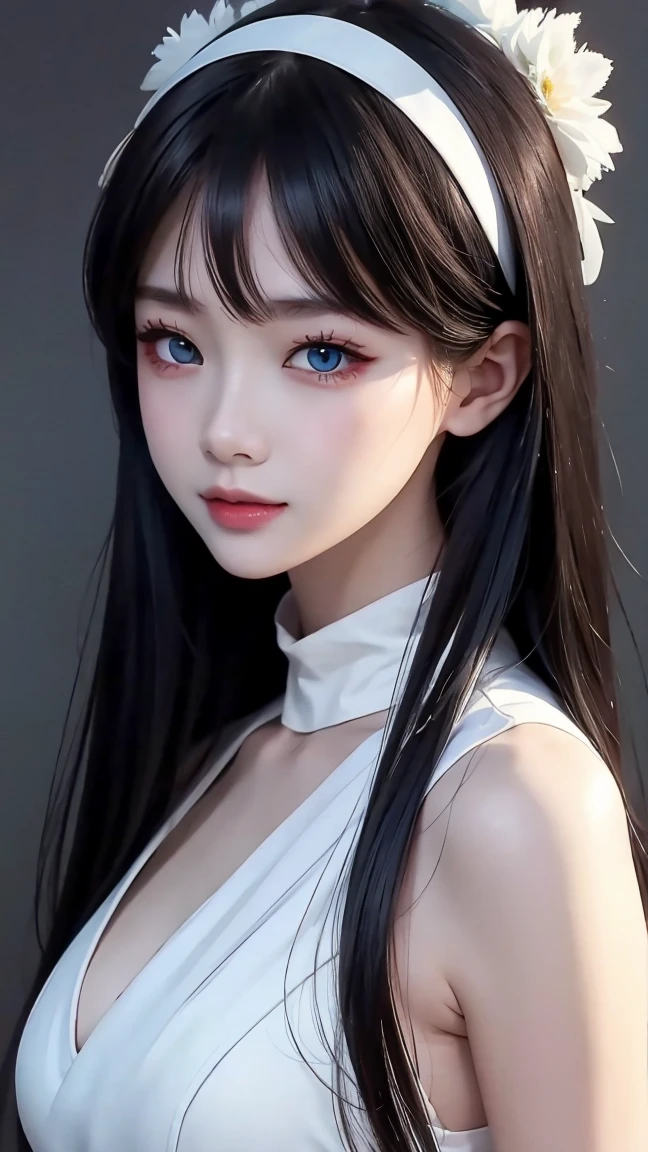 Hinata /(boruto), hinata Hyuuga, best quality, ultra high res, (photorealistic:1.4), (detailed beautiful girl:1.4), (medium breasts:0.8), looking_at_viewer, Detailed facial details, beautiful detailed eyes, dark blue hair, purple eyes, slender, haunting smile, (makeup:0.3), red lips, highly detailed clothes, (ulzzang-6500-v1.1:0.3)