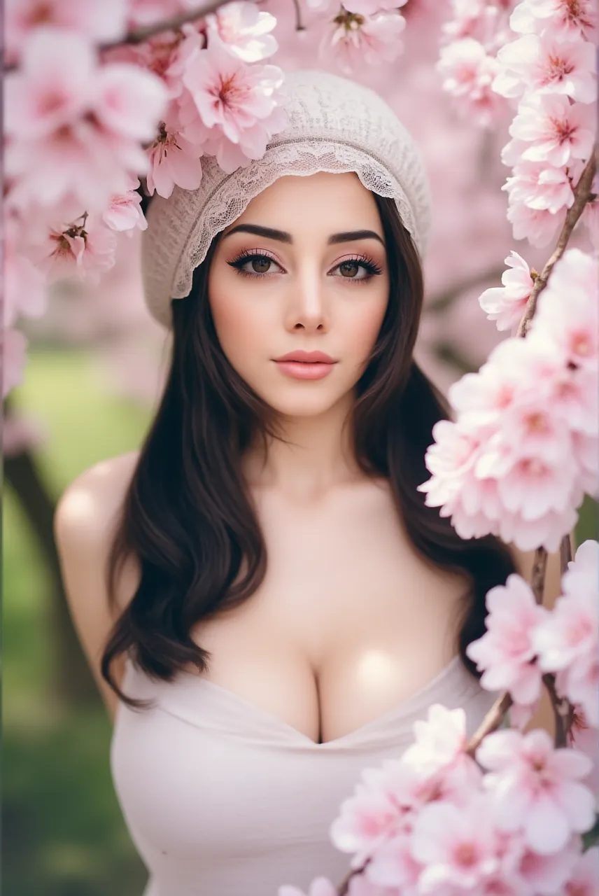 masterpiece, absurdres, hinata\(boruto\), 1girl, solo,mature female, off-shoulder strap bra, high waist short skirt, looking at viewer, (falling petals), perfect composition, detailed lips, big breast, beautiful face, body propotion, blush, (pink lips), long hair,  purple eyes,  soft gaze,  super realistic, detailed, photoshoot, realistic face and body,