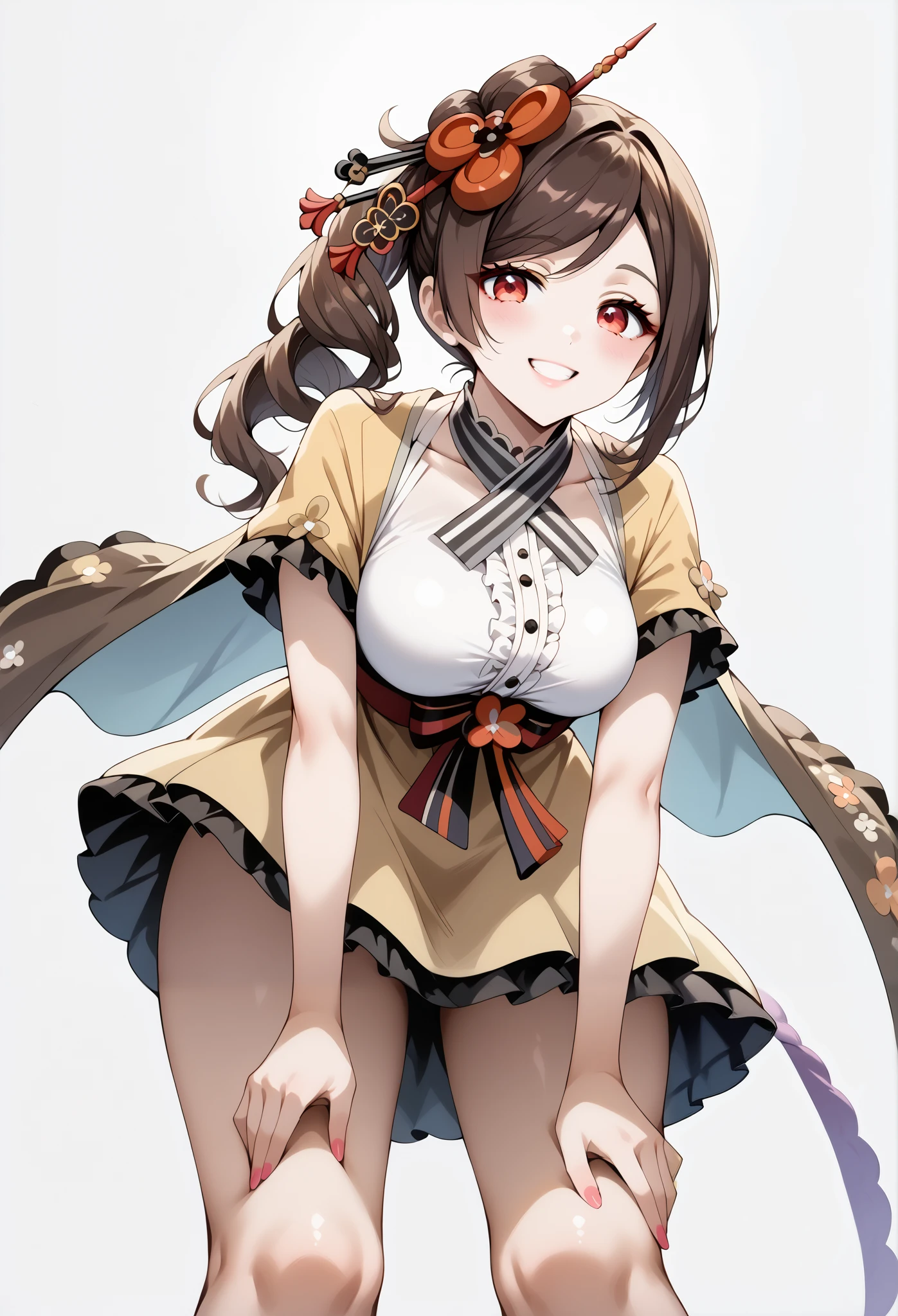 score_9, score_8_up, score_7_up, source_anime, 4K,perfect fingers,(perfect hands, perfect anatomy),prefect lighting, very aesthetic, intricate details,highly detailed background, masterpiece, high quality, best quality,
1girl,Solo,genshinchiori, chiori, brown hair, hair ornament, red eyes, hair flower, large breast,
wearing ((casual dress,frills,ornate clothing, )),,
looking at the spectator, cowboy shot, filed, high thigh individual , (large breasts:0.9),Stand up,fullbody,((White plain background:1.5)) ,smile, ((leaning forward:1.3)), ((low angle view)),