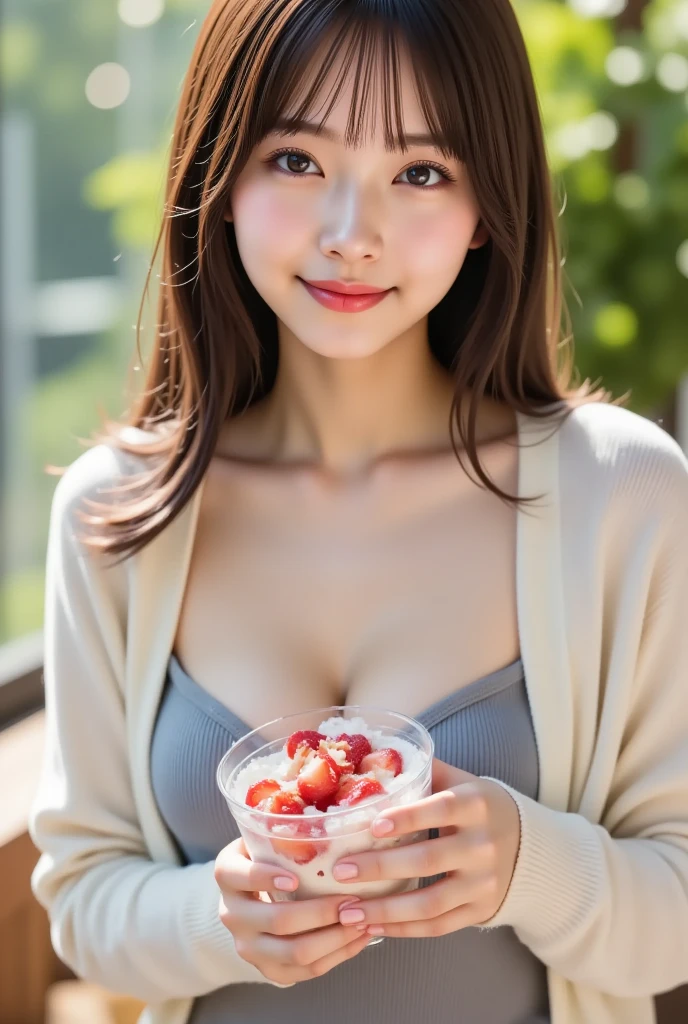 A very cute face like a 15-year-old idol Smiling Kindly Completely naked Whole body Medium size bust A crowded izakaya Toast with juice RAW Photos Genuine Real