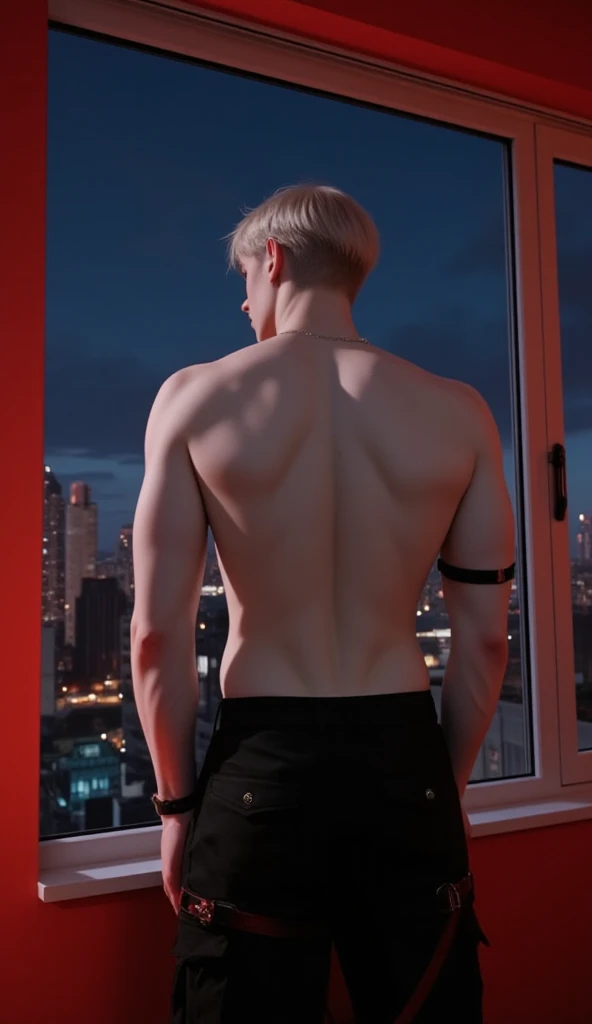 A detailed realistic photo of a young beautiful twink 18-year-old boy cyberpunk shadow hunter with a realistic preternaturally cute boyish face (Asher Angel). Naked. Lean. Skinny. Short blonde hair. Sidecut. Tattooed. Overlooking a glowing cyberpunk metropolis from an airship at night.  very small uncircumcised cock and testicles exposed. Short trimmed pubes.