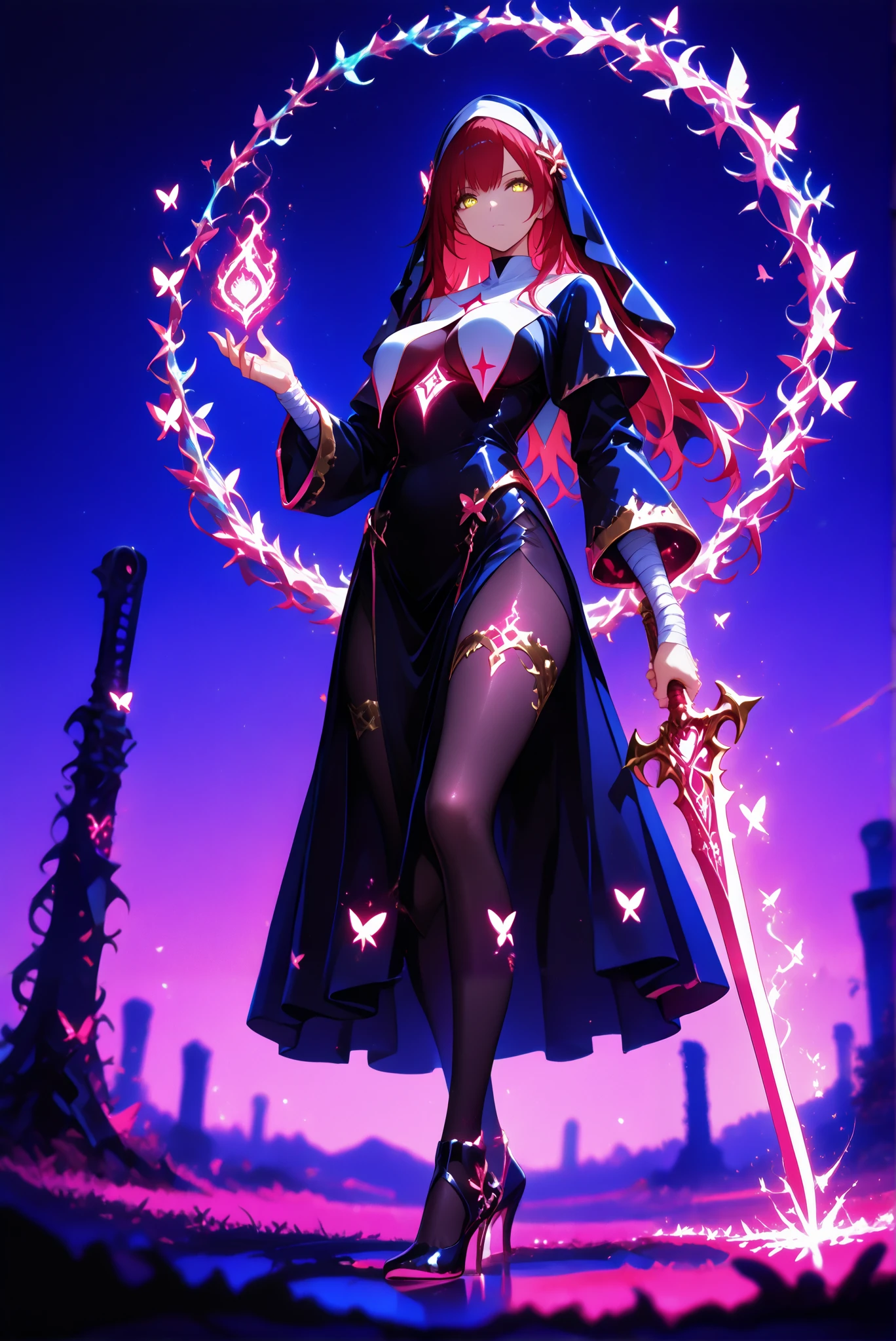 1 woman, Dragon Slayer, Giant Weapon, sword , holding sword , holding a weapon, Hole High Heels Limited color palette , Colorful, vivid color ,Flashing silhouette ,Neon ,Black light , masterpiece, is very beautiful ,red hair, long hair, hair ornaments,golden eyes, casts a huge blue glowing round spell, her hand to cast a pink magic spell where there is a glowing heart symbol on it. , Twisted vine spell that cast a green glow from your hands, cast a huge blue glowing round spell, nun,pantyhose,luminous mantra breast curtains,using yellow magic,using green pink, purple, red, blue, and the sky is full of cluttered glowing,green pink purple red blue glowing magic splashes,splash of color,glowing splash,high contrast,night sky,Matthyser's work,ultra high resolution,depth of field,butterfly,extreme beauty,purple theme,blurred color,multicolored bright light,colorful glow