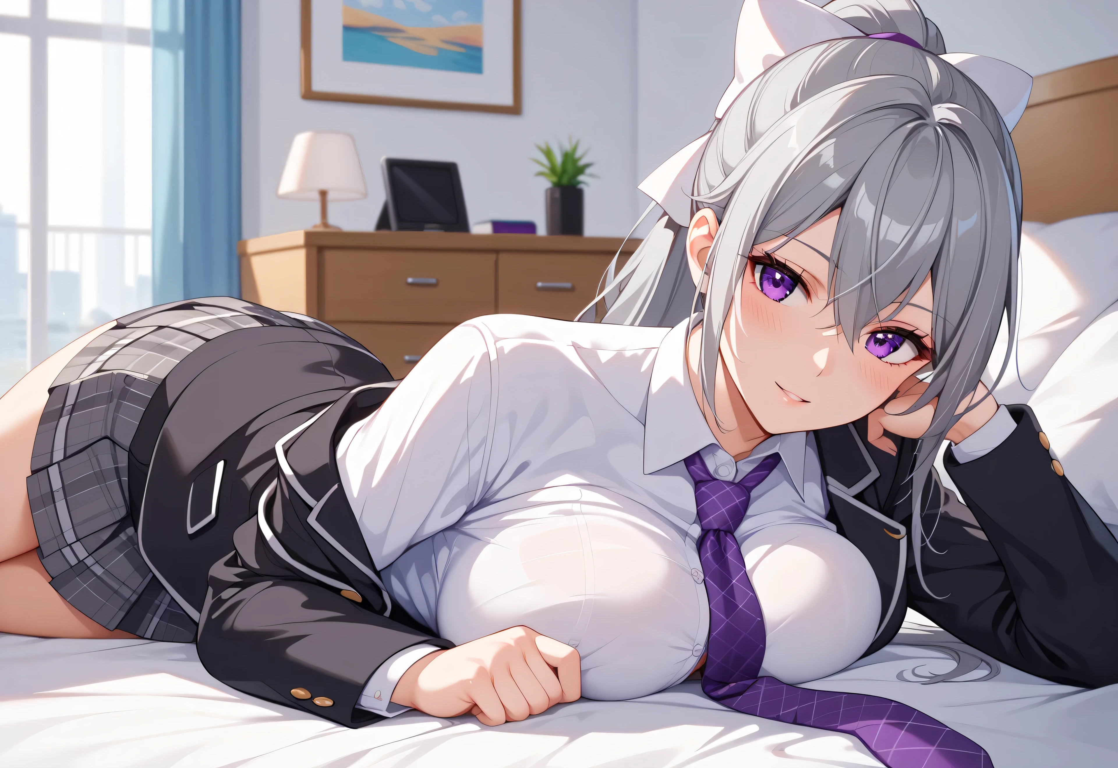1woman,best quality,ultra-detailed,high resolution,extremely detailed CG,unity 8k wallpaper,score_9, score_8_up, score_7_up, source_anime,hk1, purple eyes, grey hair, hair between eyes, long hair, ponytail, bow, white bow、 shirt, white shirt, necktie, purple necktie, cardigan, jacket, black jacket, blazer, skirt, grey skirt, plaid skirt, nsfw,breast focus,mature female,professional quality、bed room、large breasts、pleated skirt, breast press,lying on one’s stomace