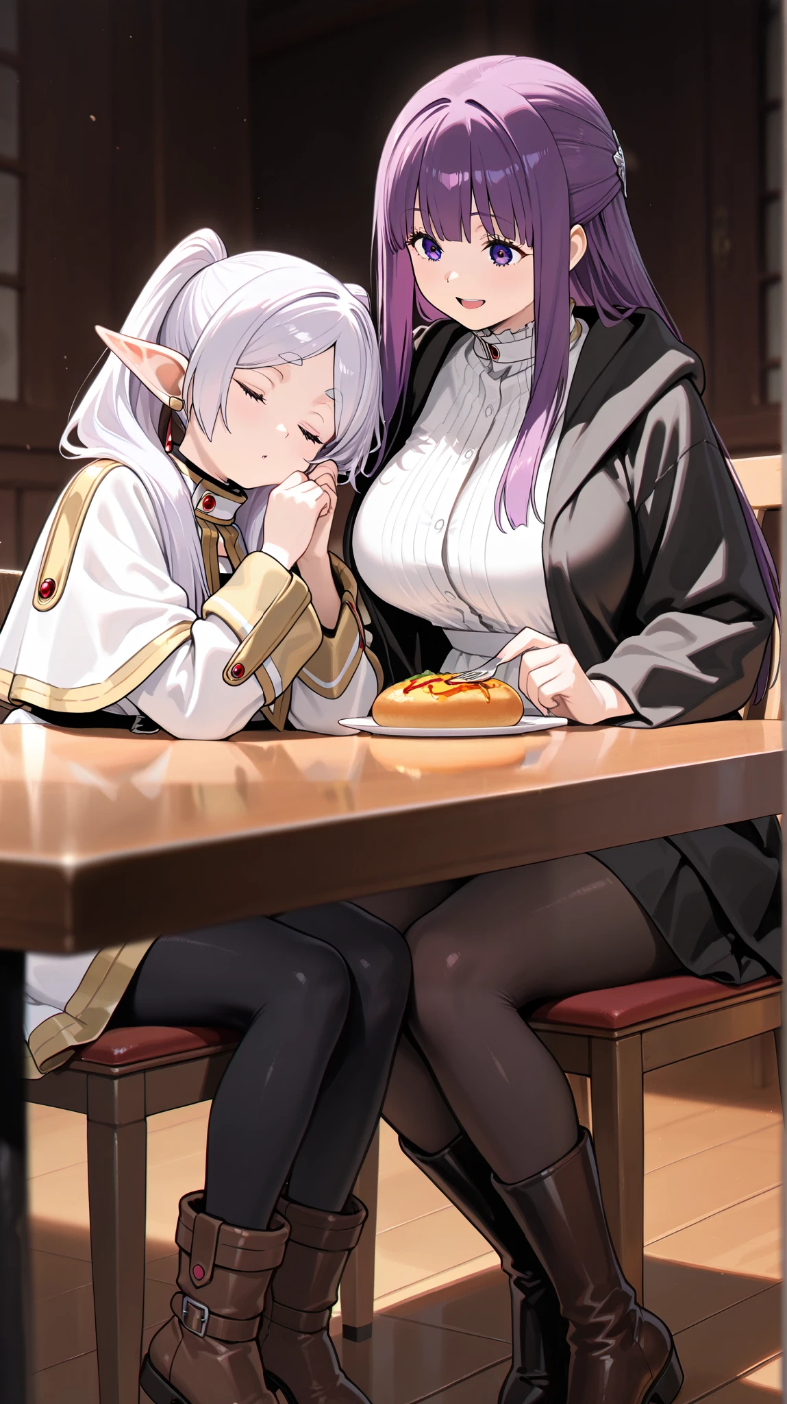 (software:1.5), (realistic), (masterpiece, Best Quality, high resolution, Details Hand , detail finger , cinematic shadows、detail face, Detailed feet, big eyes、perfect lighting),Dutch angle、wide hip、curvy、 ( multiple girls, Details Girls , Anime Frieren),Short、(white hair, twin tails, Big Breasts),white clothes、 (Anime Frierenの服),Thick Striped Inner、miniskirt、black tights、brown boots、(two girls,(fern), purple hair )、(fernの服、black clothes、white inner、boots), (Fantasy、Dining scene、chair in a half-sleeping position、Around the table、Laughing and talking 、from saide,),very wide shot、(Sharing a meal)、
