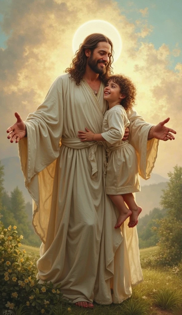 Jesus hugging a child in middle a dystopian apocalyptic setting, surrounded by smoke and debris, emotional, cinematic lighting, highly detailed, dramatic atmosphere, depth of field, masterpiece digital painting by Greg Rutkowski and Artgerm, 4k resolution, highly expressive faces.