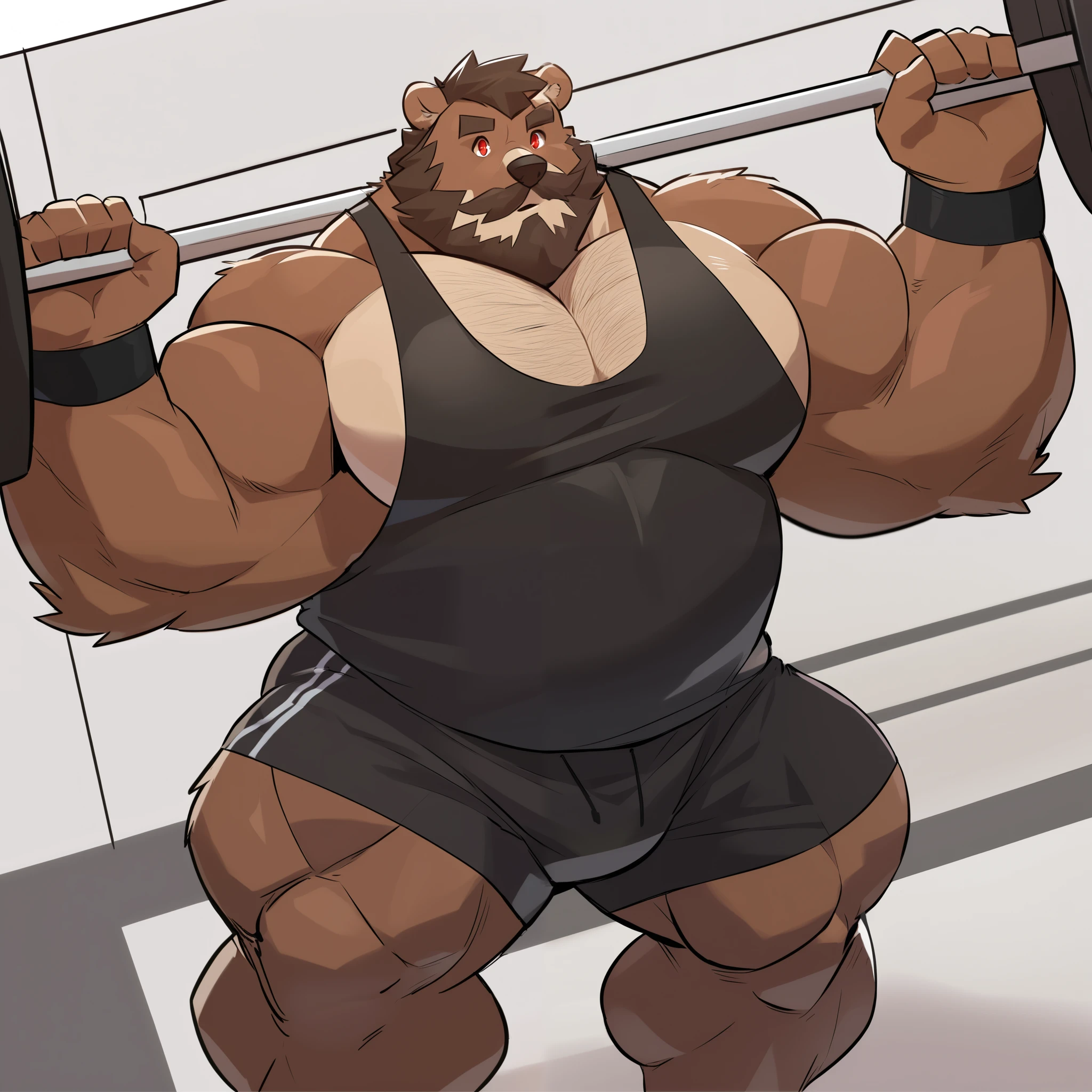 1boy, solo, Huge Muscular old kodiak brown bear working out in gymasium track, (wearing black gym shorts, wristbands and black tank top), huge brown fur, wrinkles, short hair, brown mustache and Beard, pectoral, height: 220cm, weight: 440lbs, added eyes with red pupils