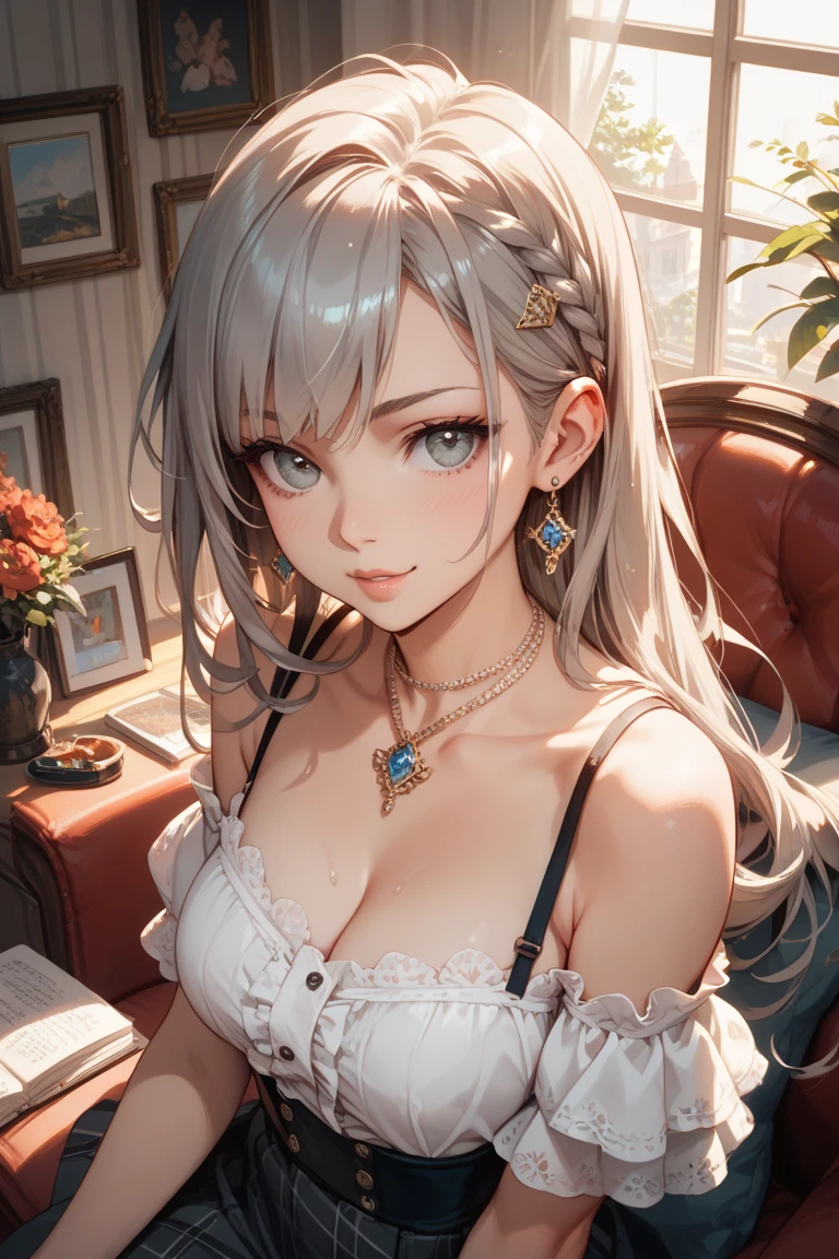 realisitic、top-quality、1girl in,Cat's ears, maid headband, White hair ,  Wavy Hair、Saliva、 、Gold PVC Bikini ,Lace gloves ,Big breasts、all-fours