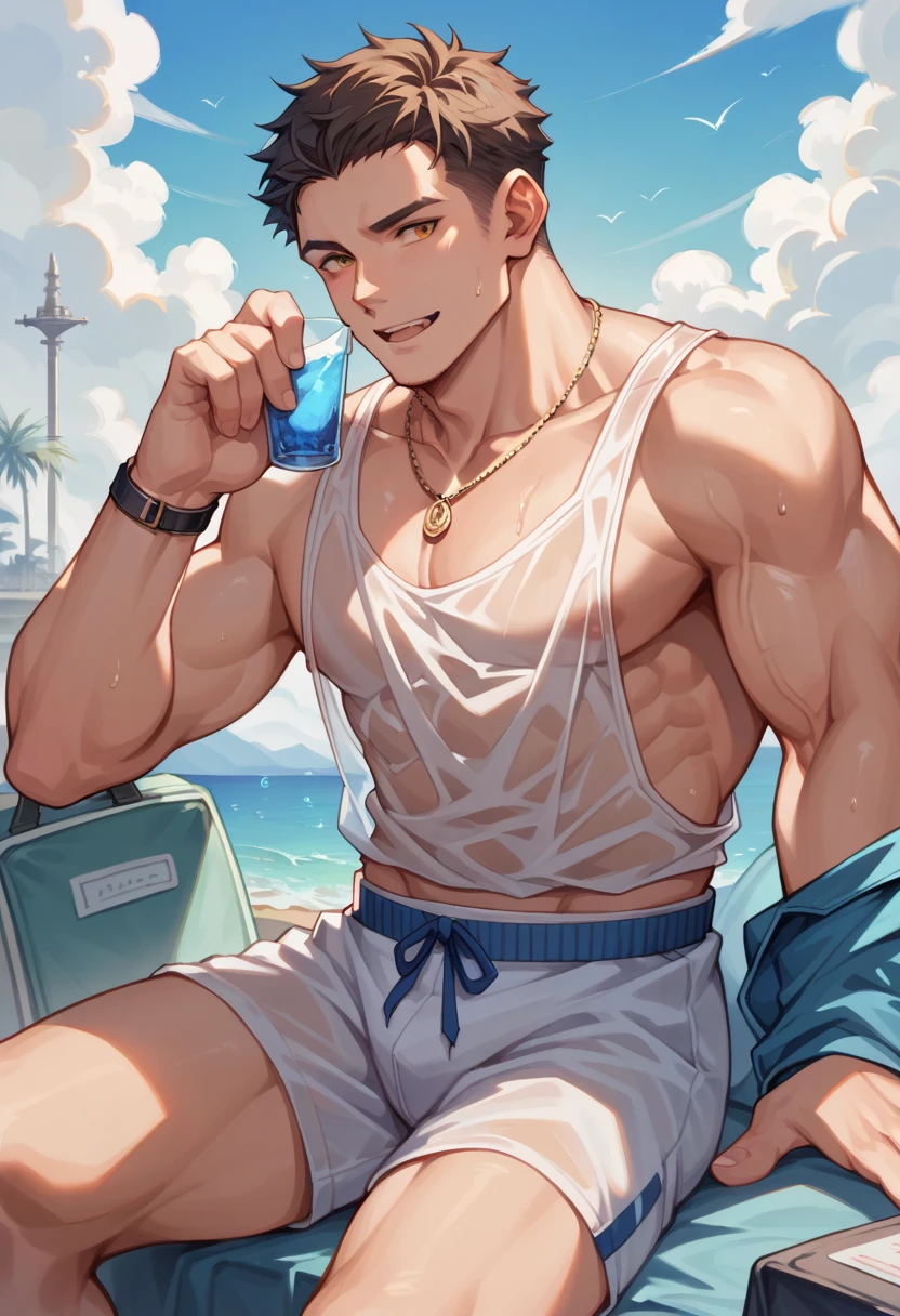 A dark-haired man wearing sunglasses sitting on a chair on the beach, he wears white swim trunks and is sucking on a popsicle