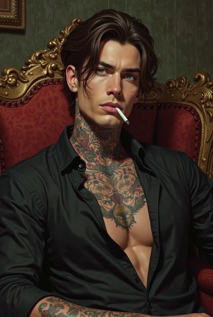 A handsome young mafia man with white skin, tall, blond hair, green eyes, a hot, sexy, toned body with tattoos and piercings, sitting in an armchair wearing a white shirt with the buttons open. 