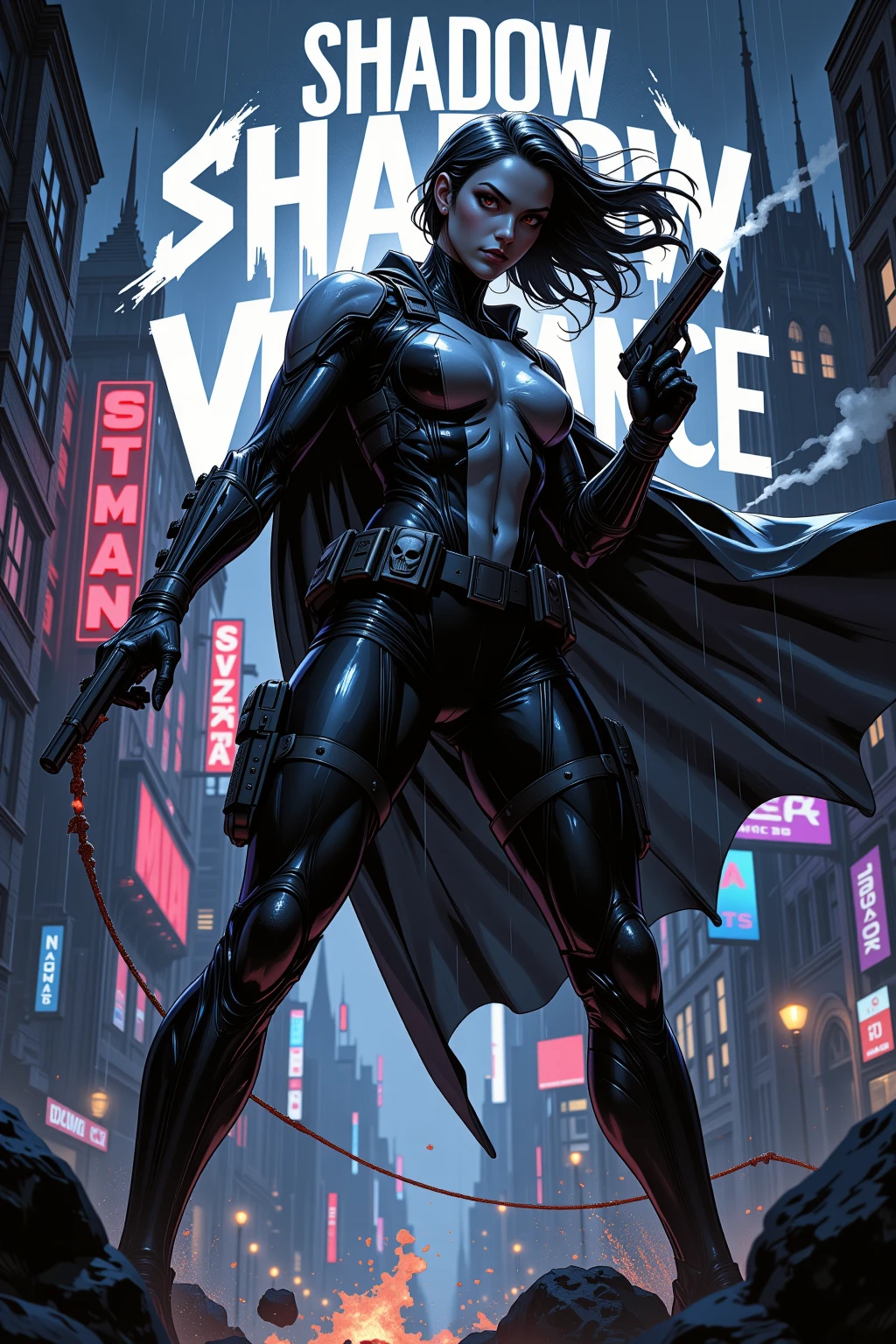 cyberpunk-style city with a nocturnal vibe with Matrix-like aesthetic references, glowing huge clock tower as time machine, green glowing cascading code. At night, (1girl, solo, alone), photorealistic, medium-breast slim:0.6 body, oval:0.5 face, cleavage:1.1, sexy black laced bra, miniskirt, white laced panty, coat, (black micro sunglasses), (holding a short gun), (slightly leaning forward running pose), ((half-body thigh level medium shot)), cinematic lighting, ray tracing, radial zoom blurred background.