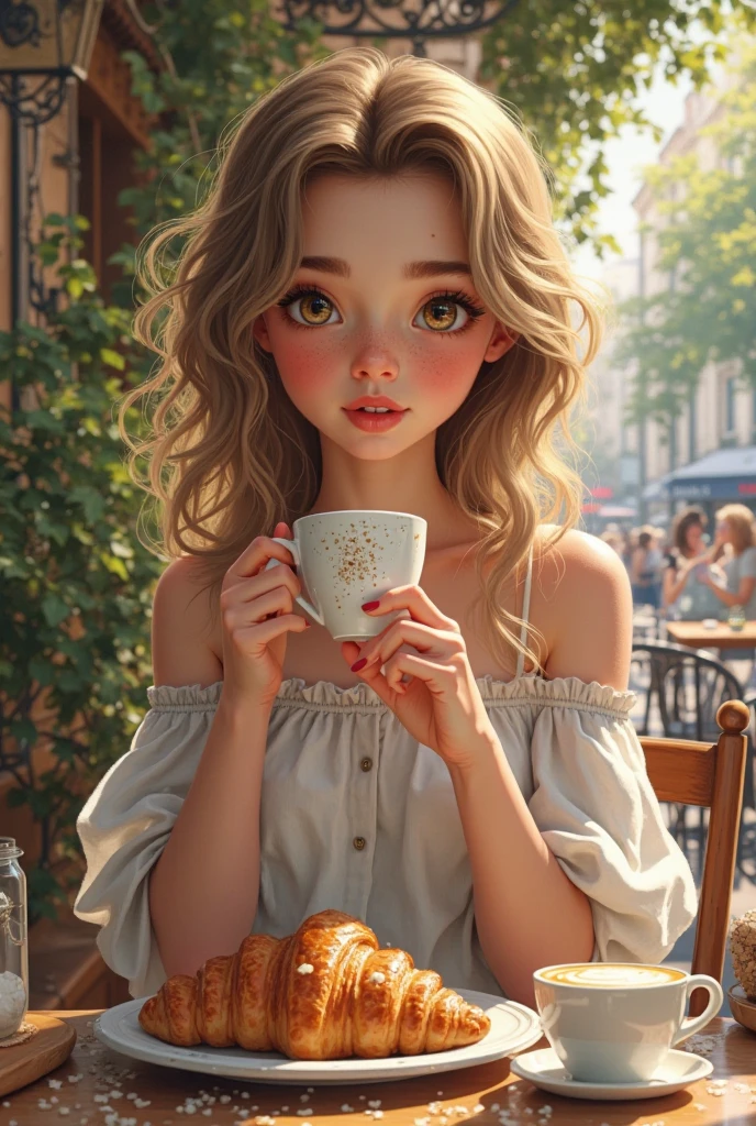 This is a cute amazed girl with an oval face,sitting in courtyard,holding glass georgia max coffee in hands. She has double eyelids and a high nose bridge, which beautifully accentuates her big eyes. Her blonde colored curls add charm to her overall appearance. With cherry lips , she looks adorable