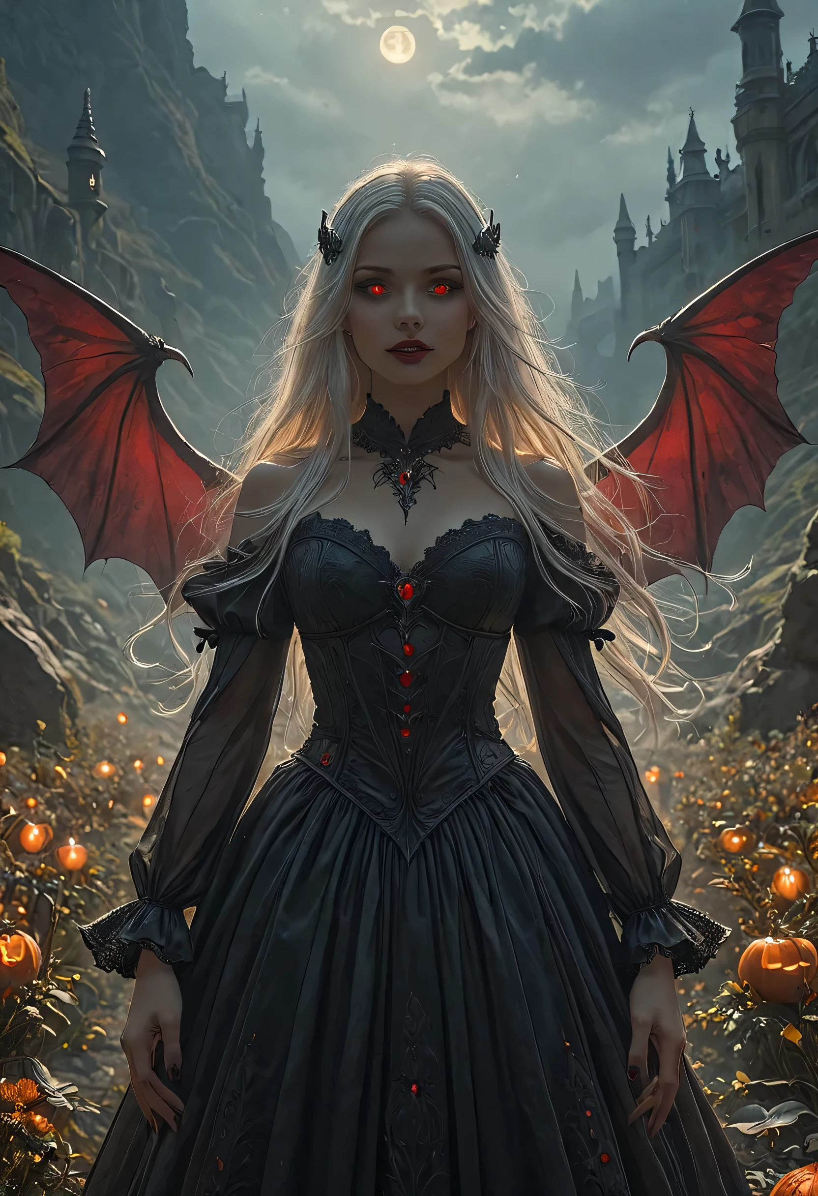 dark fantasy art, a picture of a fantasy, a beautiful female vampire, best detailed face,  pale skin, white hair, glowing eyes, vampire fangs, red eyes, wearing black dress, transparent fabric dress, goth dress, small cleavage, intricate dress, it is night time, the moon is in the sky, a sense of dread, soft light. moon rays. high details, best quality, 16k, [ultra detailed], masterpiece, best quality, (extremely detailed), close up, ultra wide shot, photorealistic, RAW, fantasy art, dnd art, fantasy art, realistic art,((best quality)), ((masterpiece)), (detailed), perfect face, fantasy, vampyfangs1, Vampire Dress