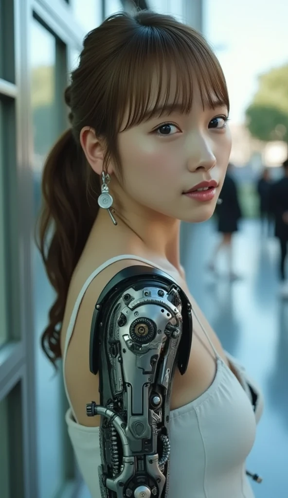a woman covered in intricate white cybernetics, blue led lights, battle suit, cleavage, high tech, ultra high def, 32k, (Bikini Cyborg robot parts), (detailed:1.4), cyberpunk city background, rainy street, beautiful face, golden long hair, professional lighting, masterpiece, very delicate and beautiful, professional photograph, (smiling:0.5)