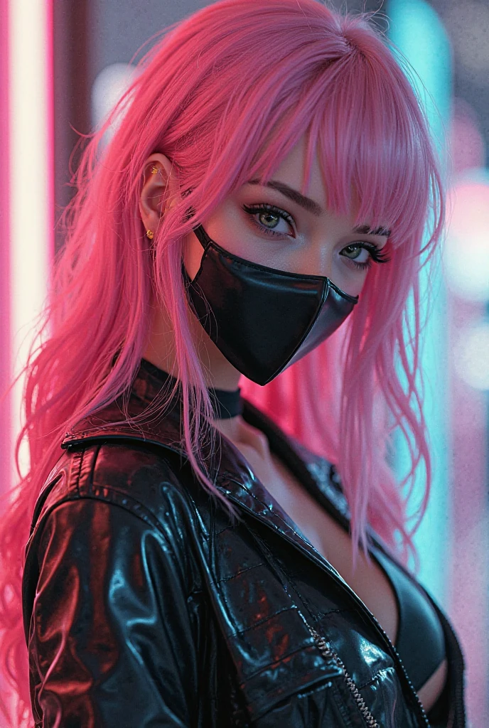 ((Very beautiful girl)), 8k, Young beautiful girl, ((pink - green hair)), pink - green long hair, with bangs, complex makeup, large breasts, ((perfect breasts)), ((medical mask on mouth)), black medical leather mask, ((big expressive black eyes)), big eyes, ideally beautiful girl, jewelry, glitter, ((perfect hands)) glowing belt, ((in cyber suit)), Background: neon, night, Washington, city, many details, first person, close-up, neon lighting, contour neon lighting,