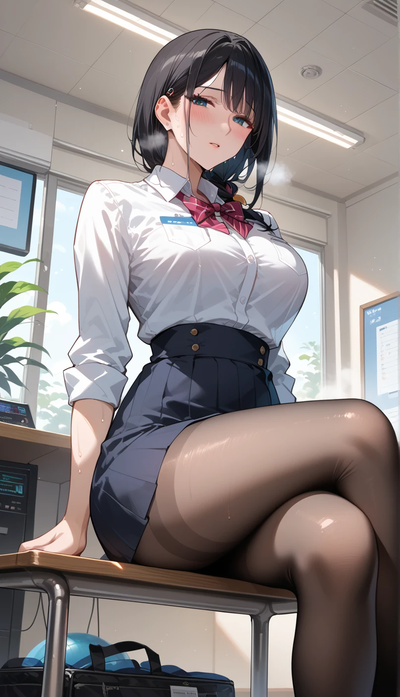 Full body photo of a beautiful sexy secretary wearing a miniskirt and sewn stockings with the upper body fully wrapped,stands_straight,((独奏)),AS-Adult,At the office,high-heels,Craving sexual,strokes_herself