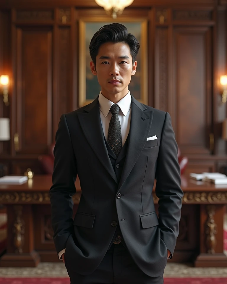 Create a vivid image of a 30-year-old Vietnamese businessman sitting confidently in a modern office. He is well dressed in a well-pressed suit and tie, embodying success and sophistication. Set this against a minimalist backdrop of neutral tones and clean lines.. Lighting is meticulously organized using studio lights and professional equipment, with an ISO setting of 800 to capture fine details. A shallow depth of field is achieved with an 85mm DSLR lens, drawing focus to man's face. He is portrayed with a slight tilt of his head and his hands resting firmly on his arms.., looking directly and without blinking, displaying an aura of authority and control.