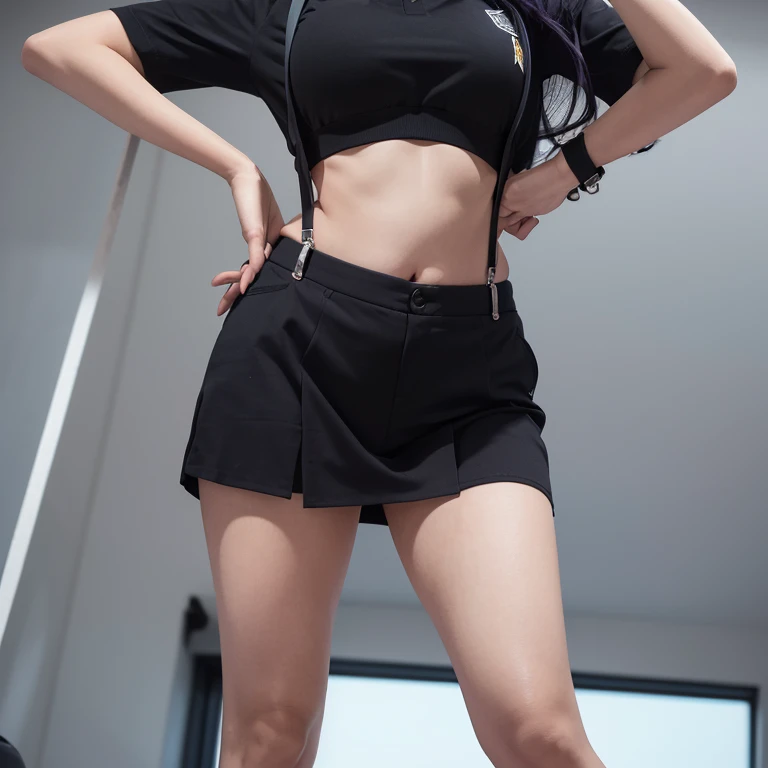 Beautiful , wearing sexy KPOP outfit, Very short miniskirt close to the body, Crop top sweatshirt, bare shoulders, showing the navel, blurred background without people, no watermark, perfect body, slim, Chibi , girl,