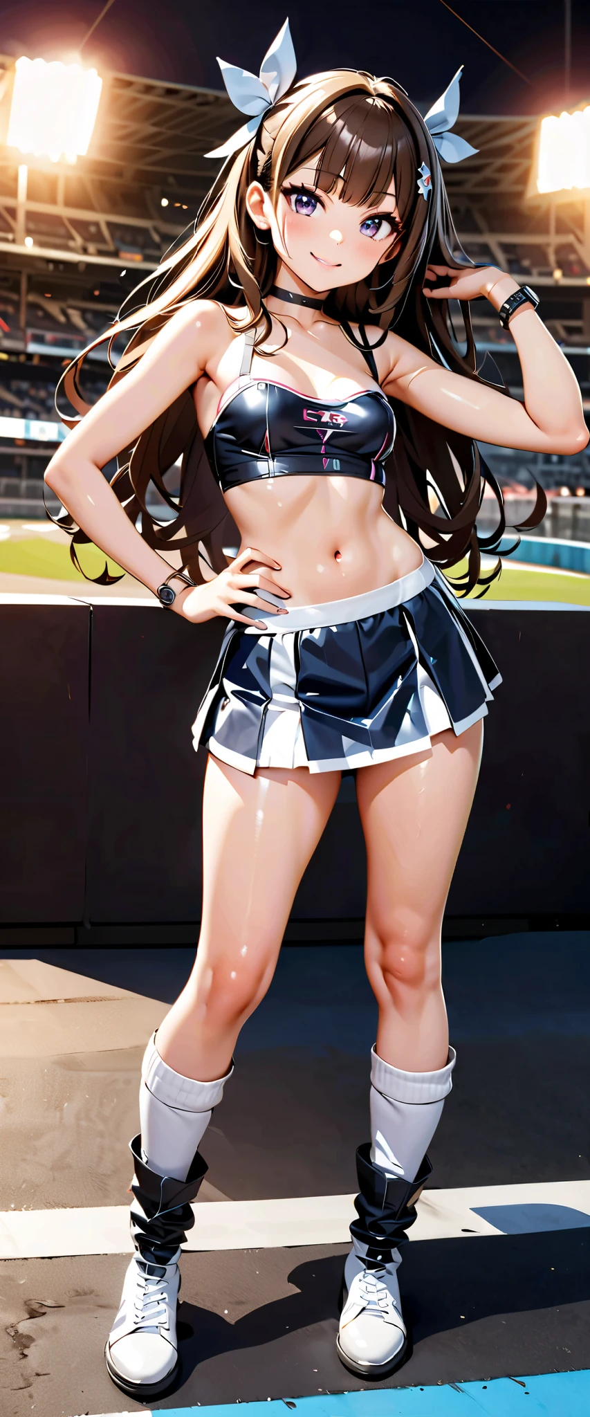 (Erotic Cheerleader:1.3)、(Outside the stadium:1.0)、(tiny chest:1.1)、extremely delicate and beautiful,visual impact, grow,The ultra -The high-definition, Raw photography, top-quality, hight resolution, (masterpiece), (Photorealsitic:1.4), Anime Cosplay, foco nítido, nffsw,Unity 8k壁纸, intricate detailes, depth of fields,nffsw,amazing, contour deepening,front lit,(Oil Highlights:1.4), girl with, beautiful countenance、Very detailed background,ssmile、(A slender:1.5)、Cheerleader posing with pom-pom in hand、maikurobikini