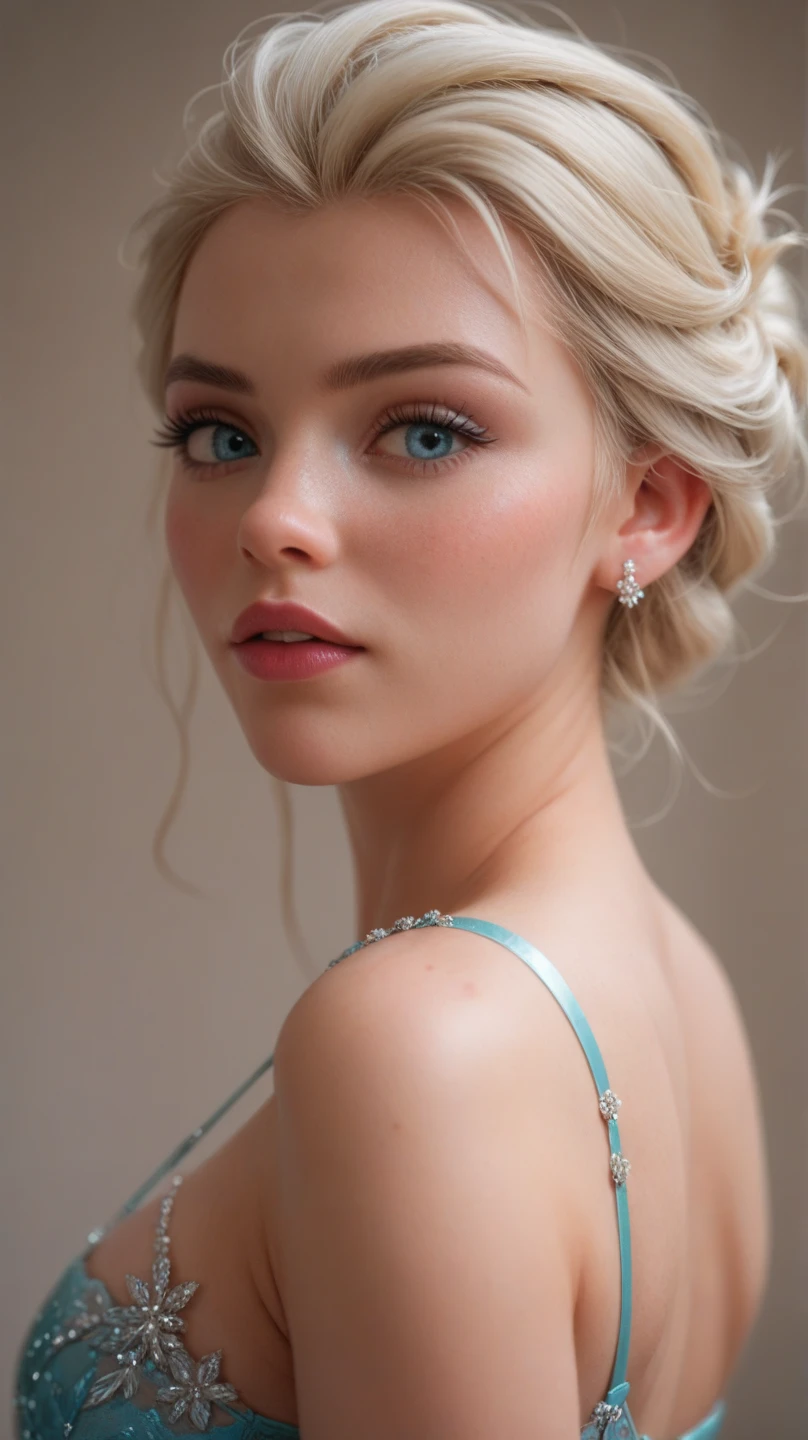 ((best quality)), ((ultra res)), ((photorealistic)), (intricate details), 19 years old, chignon blonde hair, perfect face, make up:1.5, light on face, face detail, long hair,
