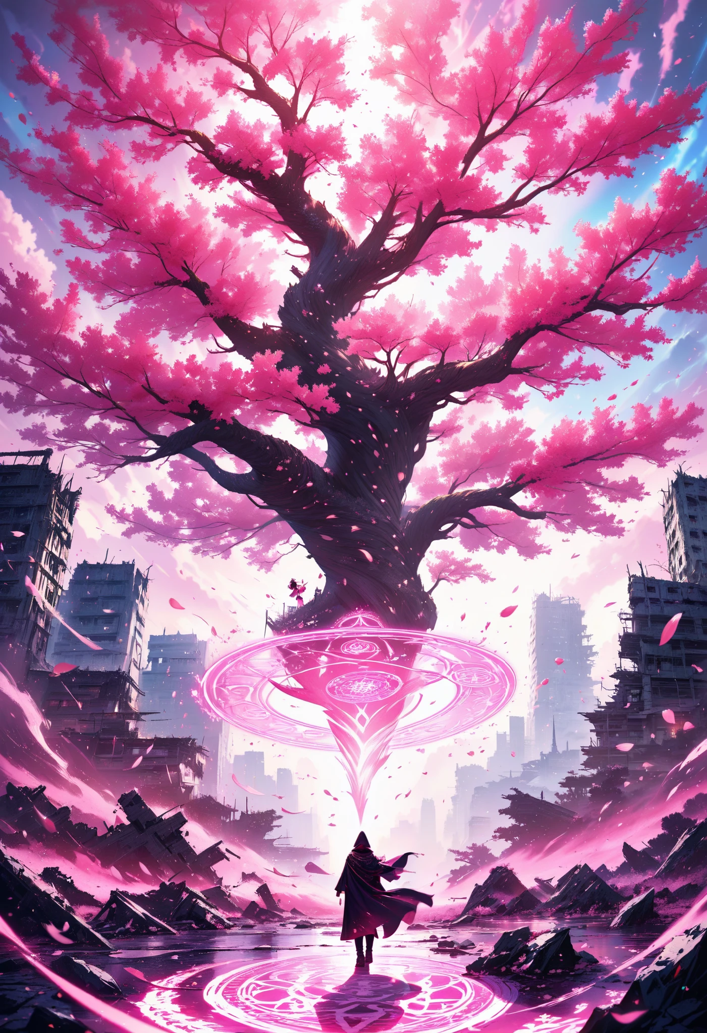 ultra detailed, absolutely resolution, masterpiece, highly detailed, sharp focus, vivid colors, soft lighting, cinematic composition, a huge and magnificent cherry tree, with countless hot pink cherry blossom petals dancing around it on a whirlwind, illuminated by a ray of light from the sky, creating a fantastical and mysterious scene, a magic circle and a beautiful wizard are floating above the cherry blossom tree, chanting a spell, in the background, a dark, abandoned city, and heavy rain, and rubble