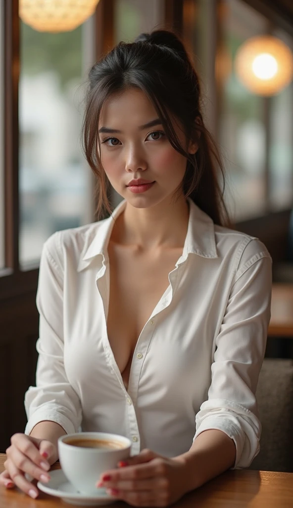 Masterpiece, best quality, super detailed, super realistic, photorealistic, beautiful Italian model with black hair, in the middle of a Los Angeles street, سینه بزرگ. sitting at a table with a cup of tea and cookies: 1.2, shiny satin orange shirt: 1.1, super detailed face , long ponytail, long straight black hair, pale skin, plump breasts, smiling, perfect hands, perfect fingers. Prominent chest, definite chest curve.