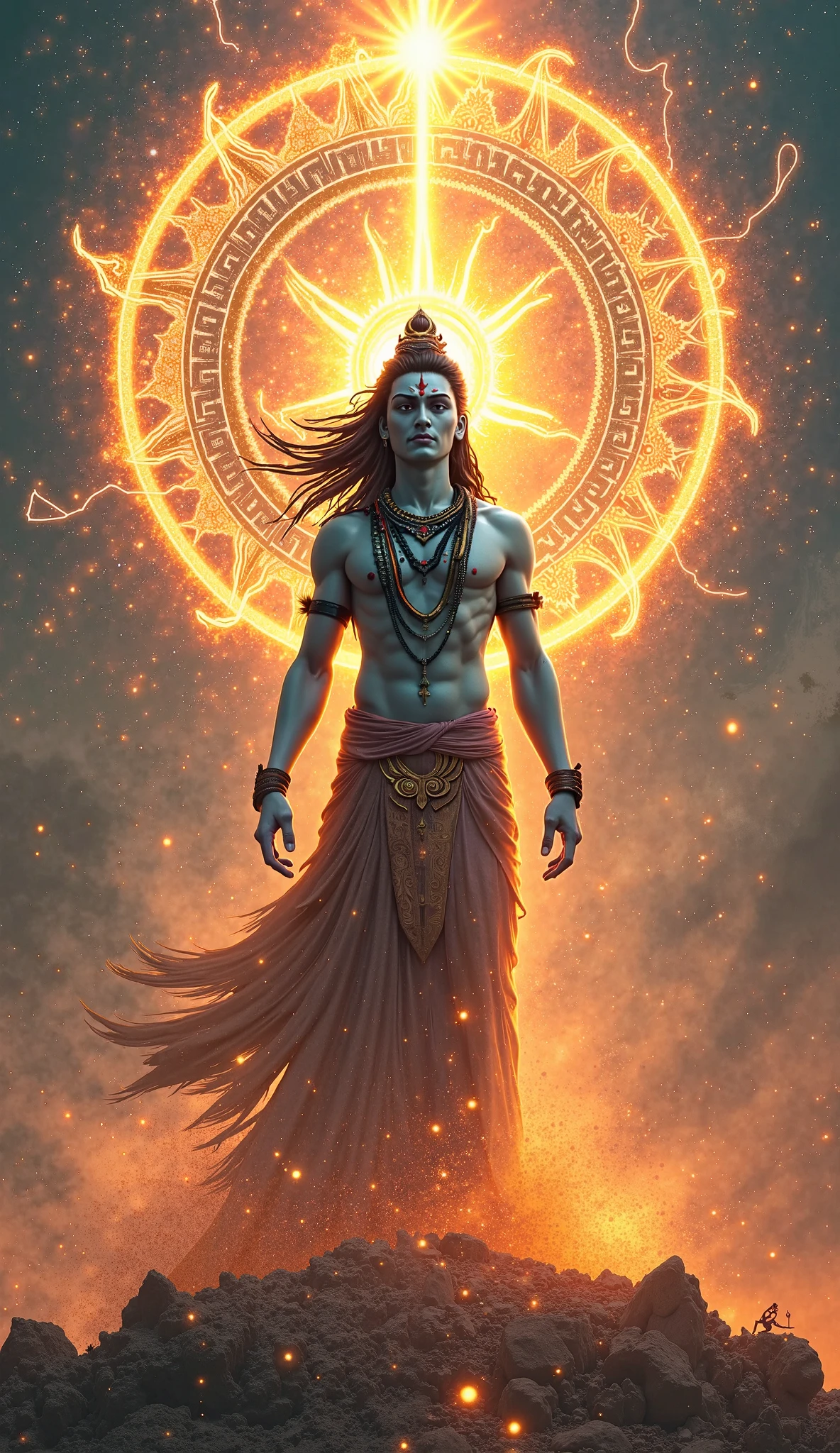 Lord Shiva opening his third eye, and from it, a fiery and radiant Sudarshan Chakra emerges. The Chakra is spinning rapidly, surrounded by flames and energy. Shiva’s face is calm yet powerful, and the surroundings are illuminated by the intense light of the Chakra.
