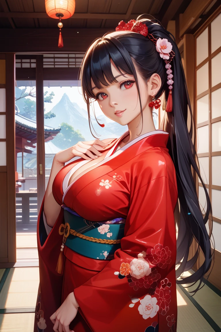 perfect anatomy, masterpiece:1.2, best quality, 8k, beautiful detailed grow, daydreaming expression:1.4, Precise and unmatched illustrations:1.3, panoramic:1.3 (Rakugo Public Venue), (solo:1.3 straight black hair long hair femdom cute girl, 18 yo, detailed red eyes, love smile,bigboobs), (in a red immensely kimono), break, on Venue center.