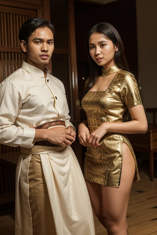 A realistic image of attractive Thai athletes, a man and a woman, with great physiques, standing together. The woman wears a traditional Thai silk shawl (sabai) and the man wears traditional Thai pants (jongkraben). They are dressed in stylish, high-fashion ceremonial attire incorporating traditional Thai patterns from geometric pottery designs and classic Thai motifs, updated for modern fashion, with colors of Royal Blue, red, and white inspired by the Thai flag. The background should showcase a modern, low-carbon themed Paris Olympic event.