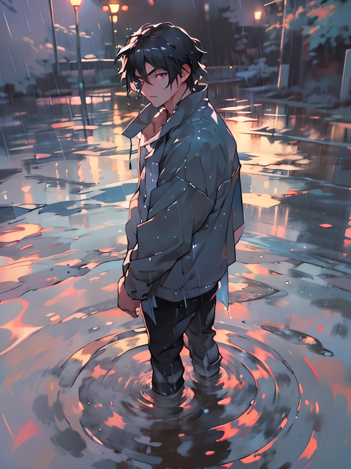 black hair, short hair, pointy hair, glowing eyes, unconscious, anime style, anime, anaglyph, from above, Ultra-Wide Angle, masterpiece, anatomically correct, high details, high quality, best quality, highres, water surface,Male Characters,male focus,man,Dressed as a hobo,Rag clothes, wet clothes ,Standing in the lake, in the dark背景,outdoor background,night,(Dim light:1.3),Wet hair,Drops on skin, directly in front of the camera,water surface没到腰部,dark, in the dark, black,(Rainy Night:1.4),rain,rain