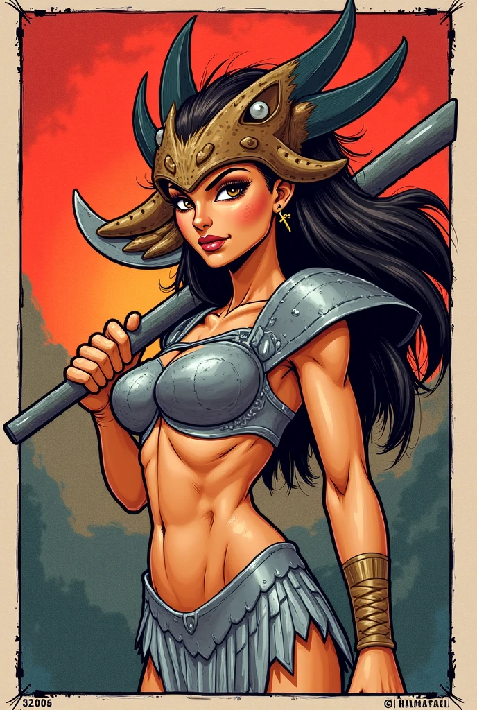 female barbarian in japan folk outfit, vector graphics, strong contours, logo design
