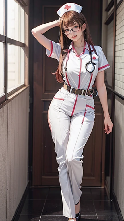 A super heroine (nurse themed outfit, athletic, amazing eyes, tool bag for surgery) in a heroic pose, aliens invade Tokyo