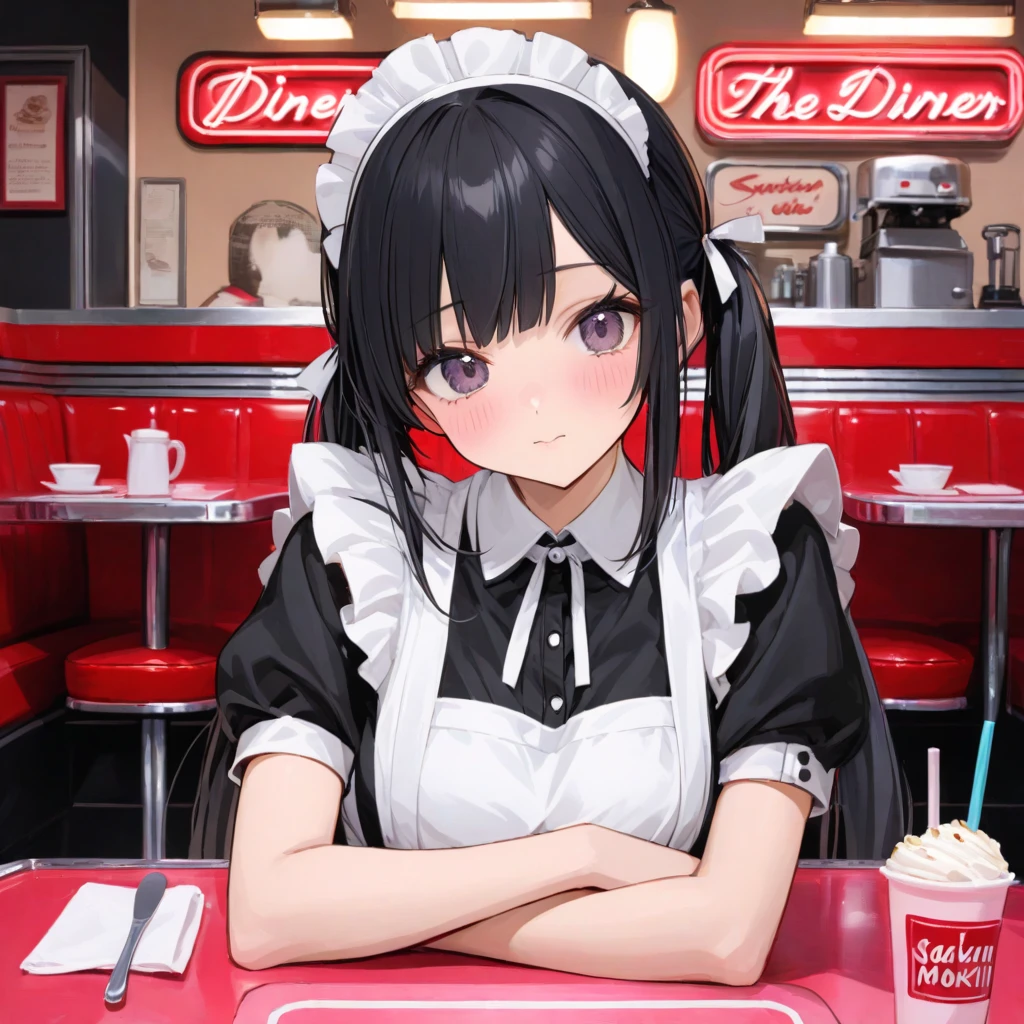 Illustration, 24 year old woman, medium black hair, brown eyes, pretty, tired, bruised eye, bruise on arm, expressionless, waitress outfit, diner, standing, looking at viewer, holding notepad