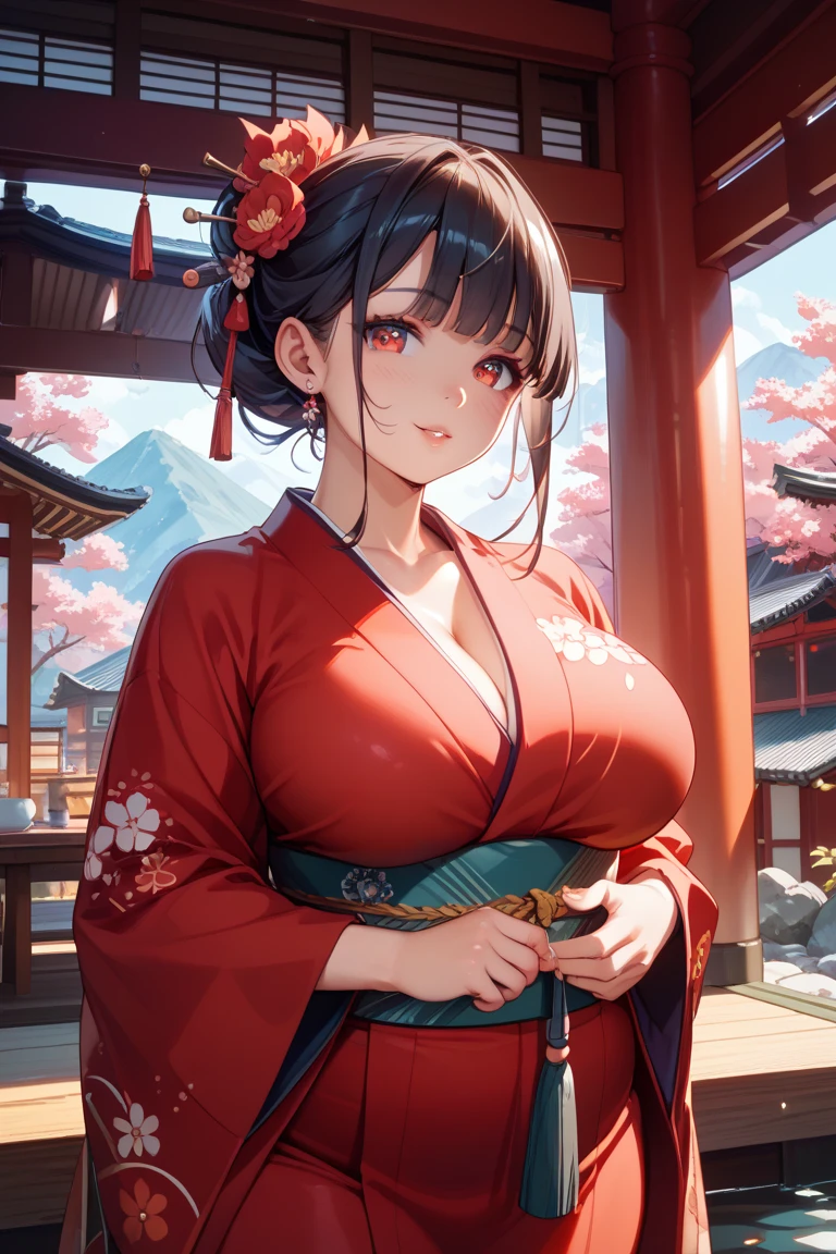 ((in the mountains of japan:1))、((on a tree))、sexy female crow tengu、Japanese traditional UMA tengu, sexy japanese monk costume, Sexy brown skin, Nice sexy body、tanned healthy sexy skin、One lady、Red hair ornament、((Black Japanese style sexy costume:1))、with the crow