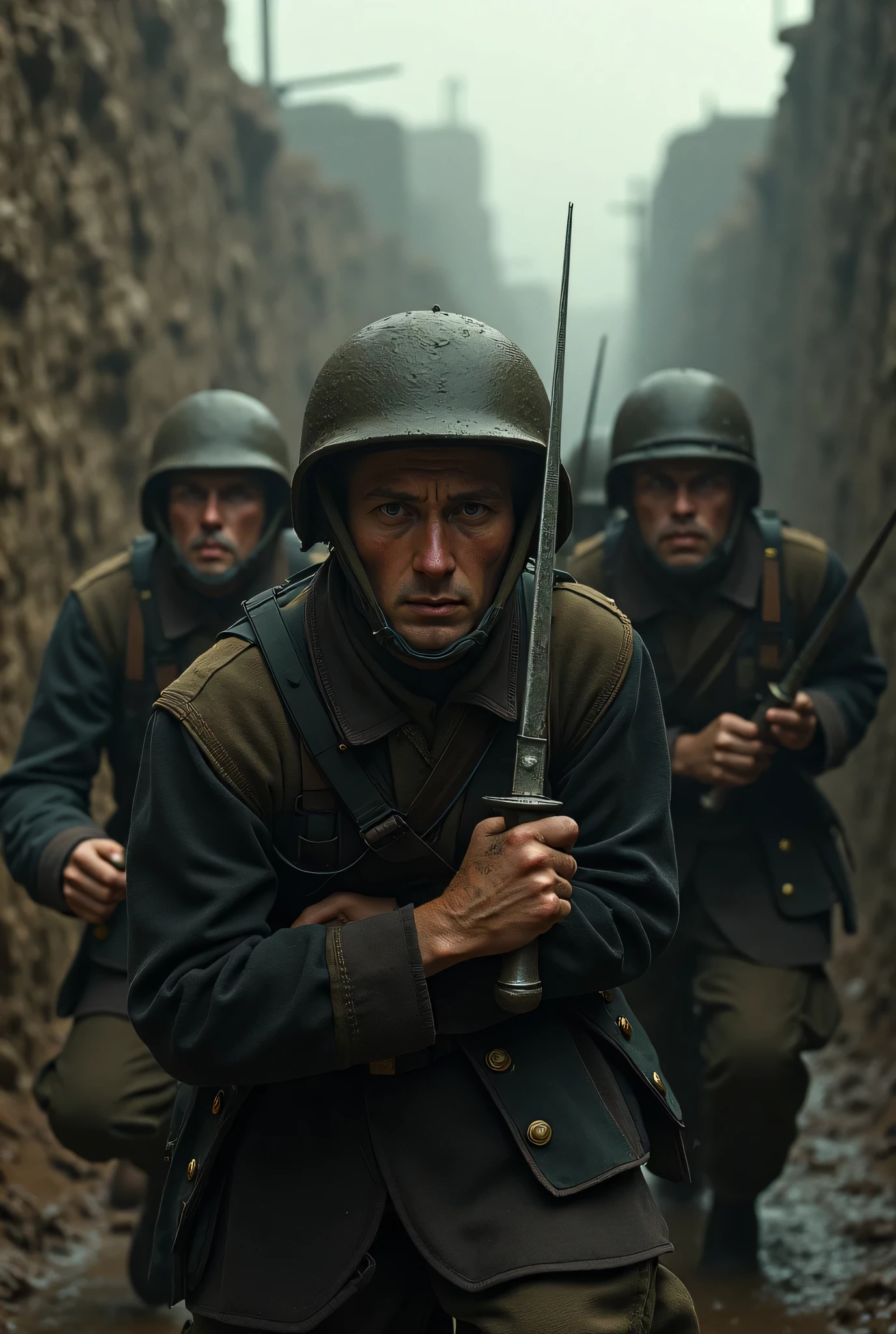 (in the foreground is the sad face of a tired soldier from the 1904 era.), (in the background are fragments of the events of a terrible war, which the soldier experienced, events emerge in the fog as separate memories, and show all the bitterness of the way, passed by a soldier), (high detail, a high resolution, Maximum realism, cinematic treatment
