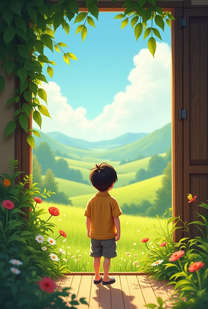 Title: "Innocence of Childhood"
Description: Create a poignant scene that captures the essence of a naive child standing at the threshold of a doorway, gazing out into a vast, unknown world. The child should have wide, curious eyes, embodying innocence and wonder. The background should depict an enchanting landscape filled with vibrant colors—lush green fields, distant mountains, and a bright blue sky—symbolizing the beauty and mystery of the outside world. The doorway itself should represent a boundary between the safety of home and the allure of adventure beyond. Include subtle details, like a few toys scattered on the floor, to emphasize the child's youth and innocence.
Style: Whimsical and colorful, with a touch of realism.
Color Palette: Bright and cheerful colors, focusing on greens, blues, and warm earth tones to evoke a sense of wonder and possibility.