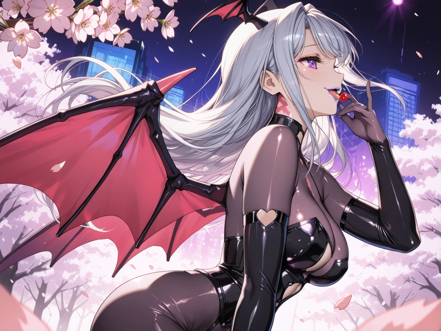 1girl, solo, long hair, breasts, looking at viewer, dress, bare shoulders, tail, full body, yellow eyes, white hair, wings, horns, sky, looking back, white dress, night, moon, night sky, full moon, dragon girl, backless outfit, dragon tail, cityscape, backless dress, dragon wings