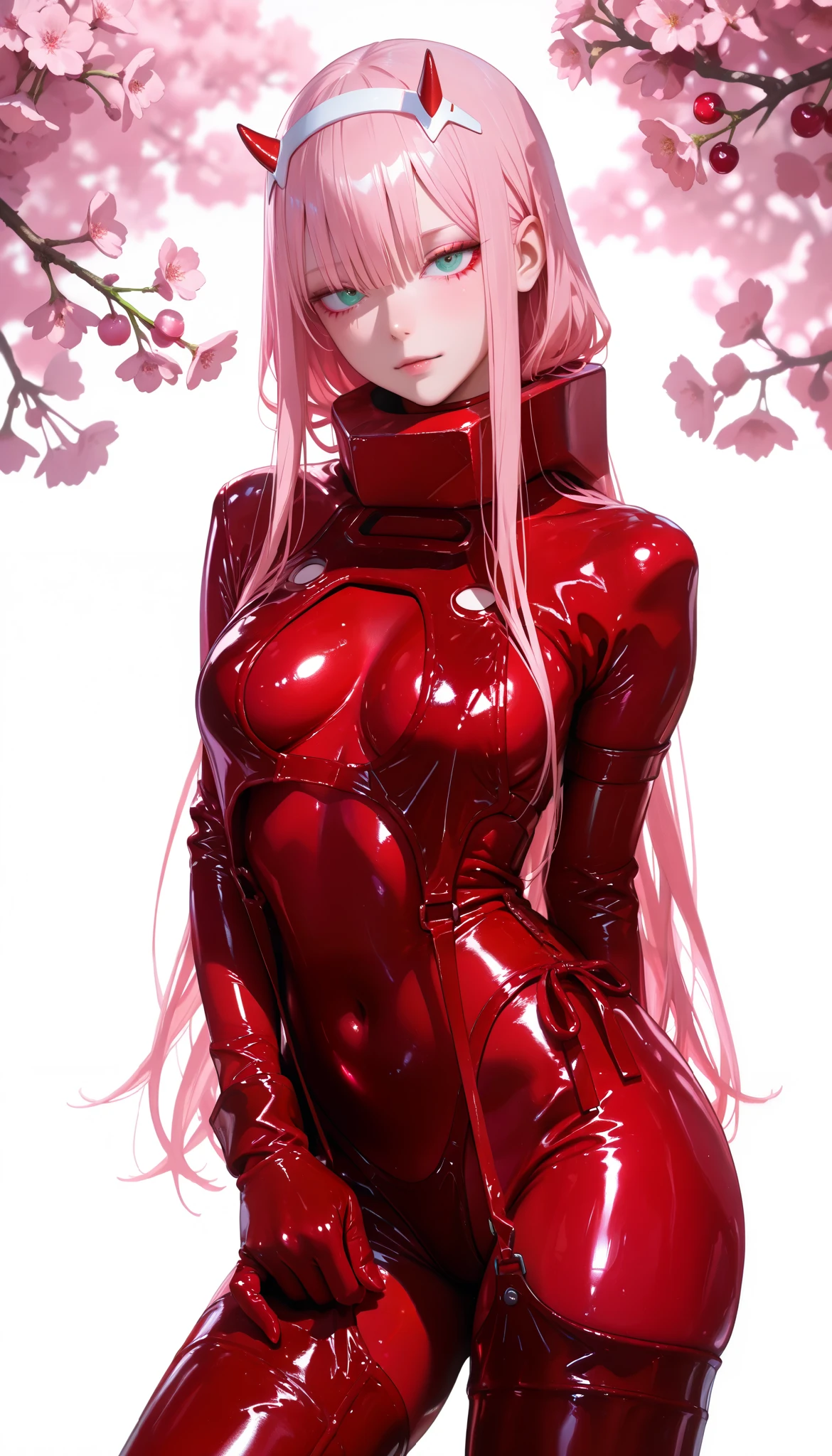 zero two,alone ,latex virgin destroyer,bioorganic costume, red latex socks ,high boots,headband with shiny horns,fondo simple,background with cherry trees,