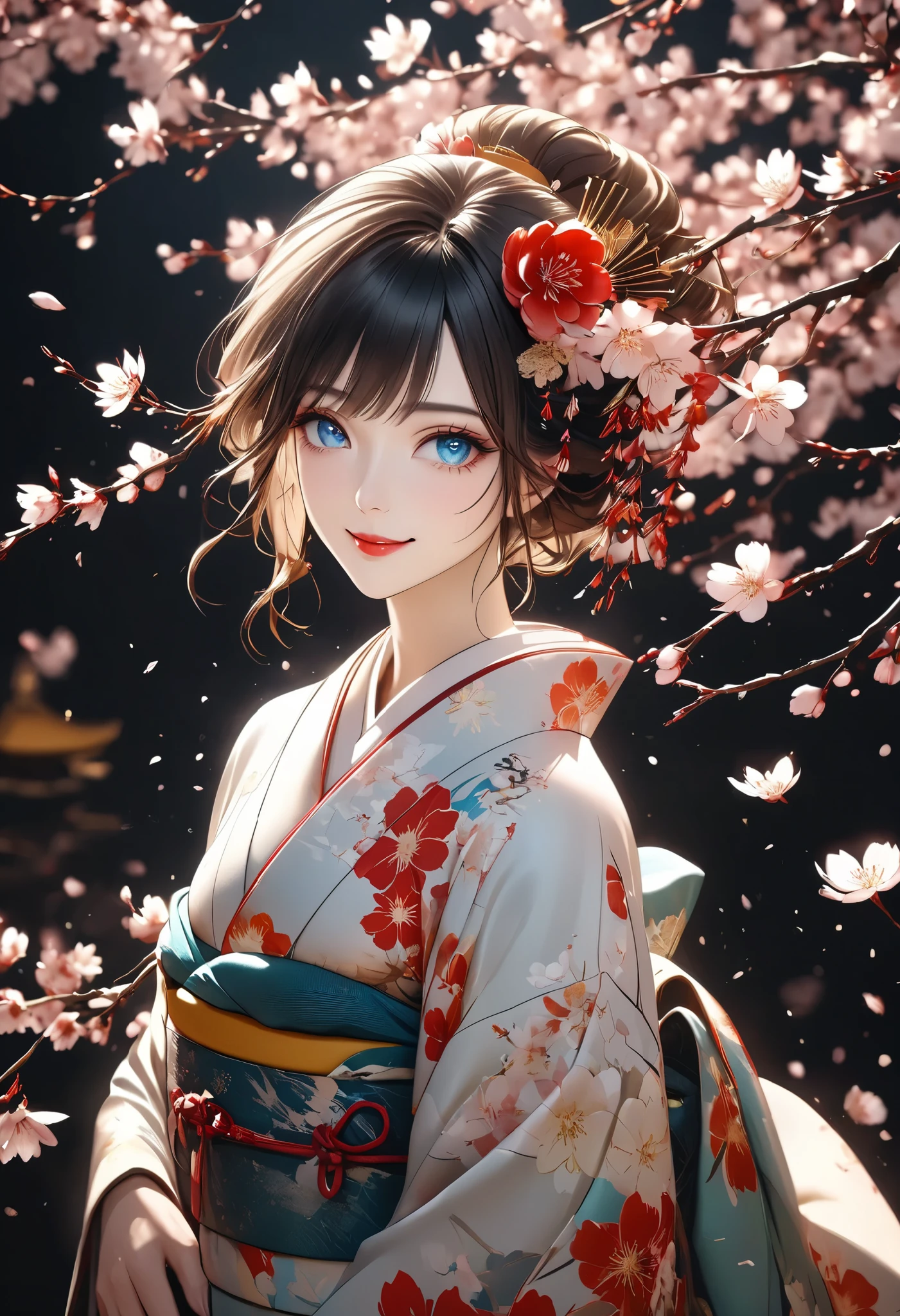(ultra high definition, art grapy-style, Shinkai Makifu , Beautiful lines, Golden Ratio Composition, CG Unity, wallpaper),
break ( Beautiful Adult Women, Wearing a Japanese Kimono, Smile at You , Strongly Willed Gaze, Clear Eyes, full of hope, Aesthetic Realism Colors),
break (artgraphy style background, The warm arrival of spring, Aesthetic thaw, Beautiful lines, Sharp lines, without distortion, best composition),
BREAK The Arrival of a New Season, black background representing old struggles, aesthetically shining black like lacquer, Expression of melting snow that washes away, attractive contrast between black and white,
BREAK The soft sparkle that emphasizes the subject, Clearly Illuminating the Signpost of Hope, Dramatic indirect lighting with extremely high transparency,
break \encourages new challenges sakura blizzard,\
Please increase the sharpness of the lines, The background is a vivid dark tone, Note the vivid colors,
BREAK highly expressive detailed hair, Traditional hair ornaments made in Japan, It adjusts the overall balance, high contrast,