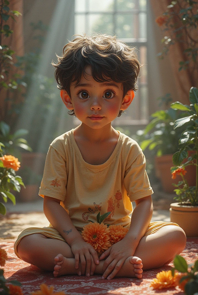 (photorealism:1.2), beautiful boy, sitting on Earth, wearing loose 14 august ahmad Name shirt , pajama pants, long curly hair, indoors, soft lighting, plants in background, window with sunlight, cozy room, relaxed pose, realistic, intricate