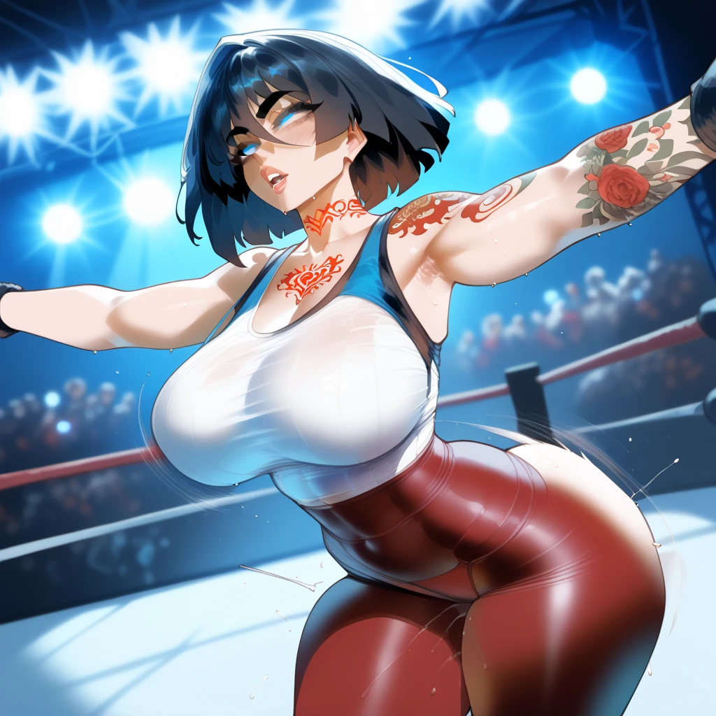 masterpiece, highest quality, (Highly detailed CG Unity 8k wallpaper), (highest quality), (Best illustrations), (Best Shadow), Confused, Realistic lighting, (abyss), Beautiful and delicate shine,victory,Random Pause,((Bare skin wet with sweat,Female professional wrestler)),Cute freckles on the cheeks,Mole under left eye,Cowboy Shot,Hair wet with sweat,A leotard-type wrestling costume with gorgeous decorations,pain,suffering,ring,Plump,Villain wrestler,Dyed her hair pink,