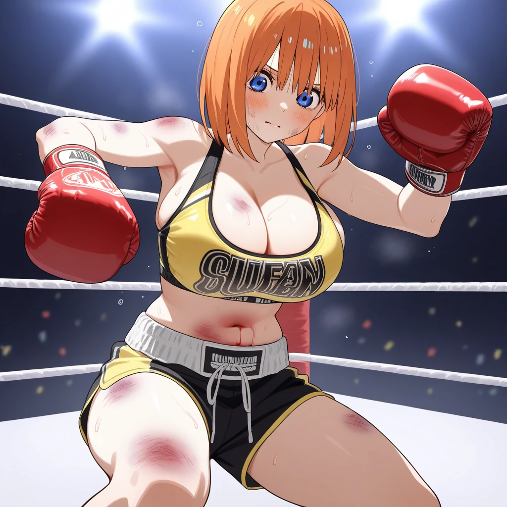 Masterpiece, sksrin, beautiful , facial details, 8k wallpaper, Rin Hoshizora Love Live, short hair, white gym bra, micro shorts , wrestling outfit,(lipstick:0.8), (face paint), defeated, beaten up, moist skin,thin waist ,short girl, skindentation , looking away, swelling bruises in face ,sad, drooling , torn clothes,top strap off, tears in eyes , suspended by wrestler