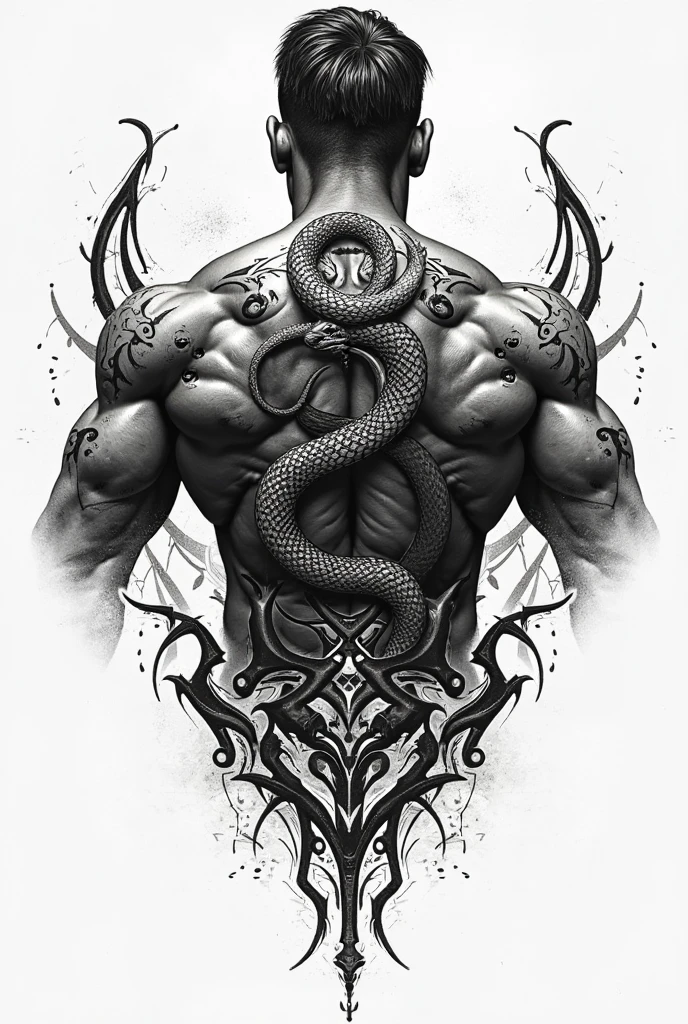 Black and white forearm tattoo showing a warrior, fighting with two giant snakes that wrap around his body and intertwine with each other