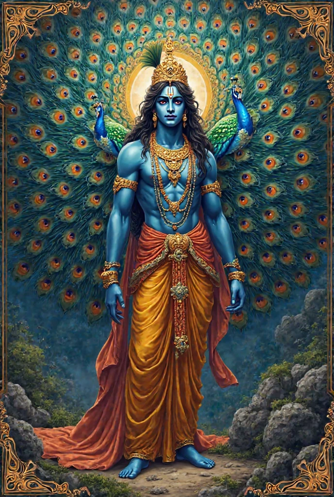 Shree krishan bhagavan , on head peacock feather, sky , middle hair ,background gode hie lite, blessing, blue colour body, one hand power lite ,planet,many bagavan,man body